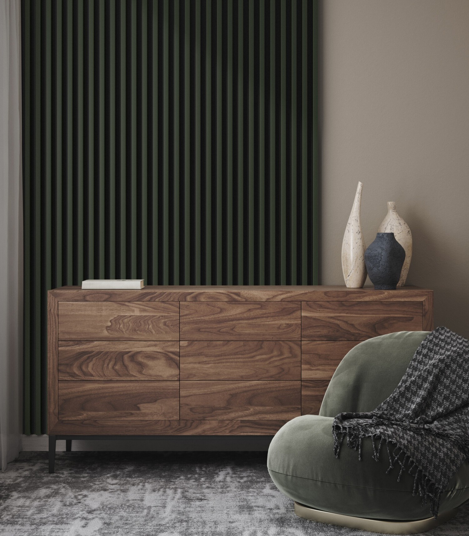 Minimalistyczny salon z zieloną lamelą i fotelem fot. Stegu