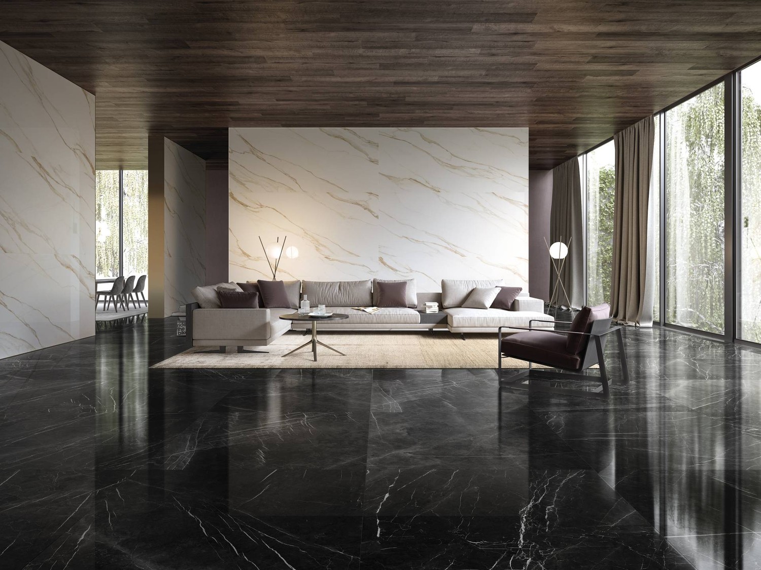 Elegancki salon z marmurową ścianą i czarną posadzką fot. Refin