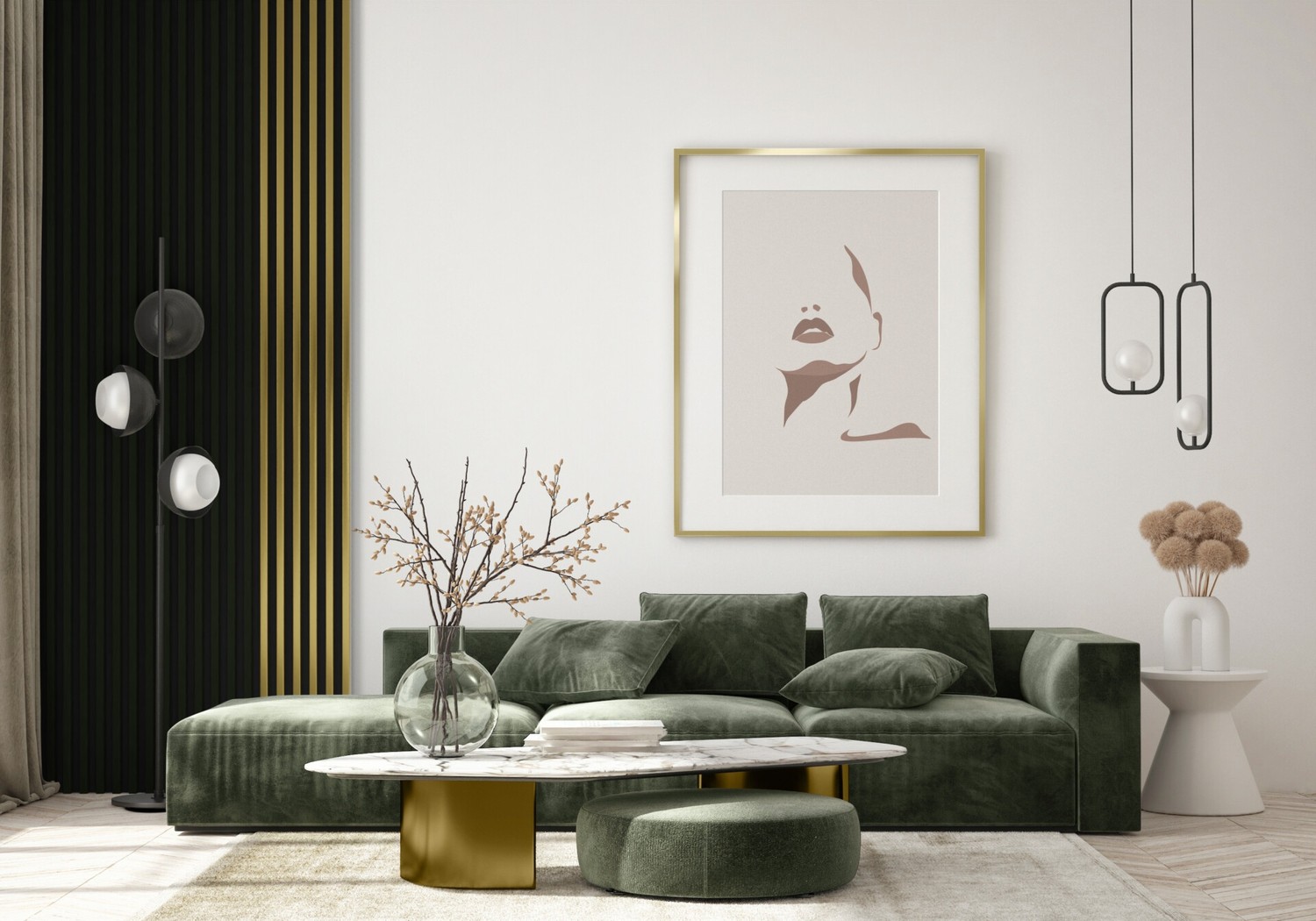 Elegancki salon z zieloną sofą i złotem. fot. Stegu