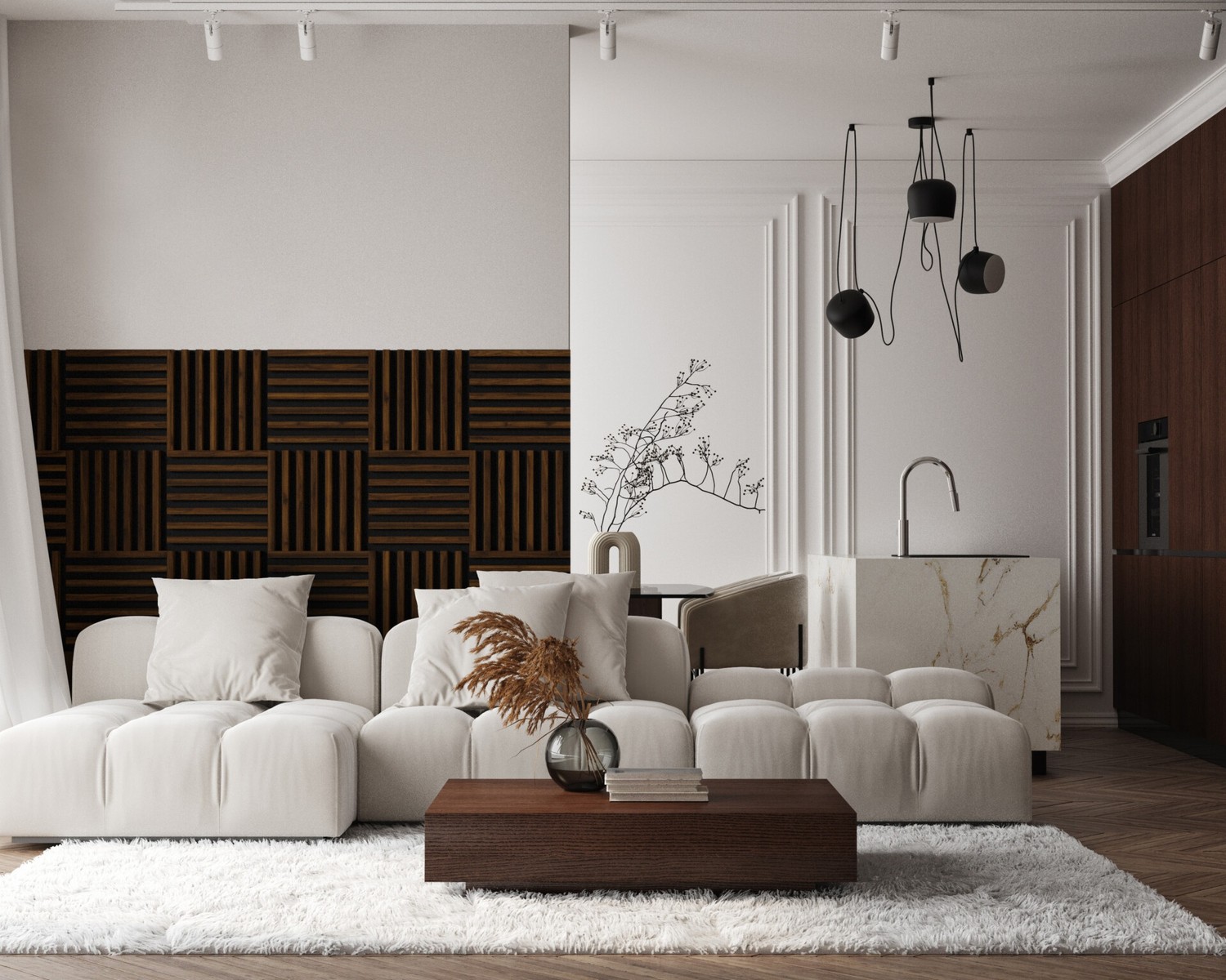 Salon z kuchnią w stylu modern classic. fot. Stegu