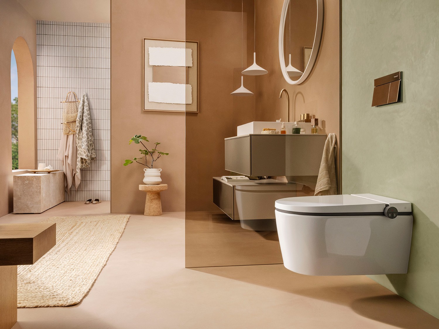Japandi z zieloną ścianą i wiszącym WC fot. Geberit