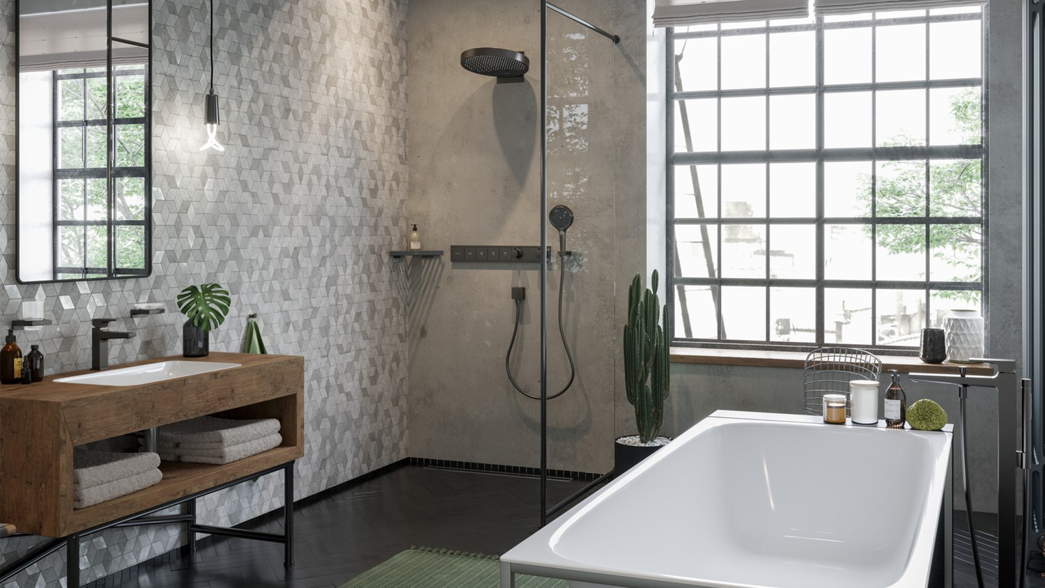 Industrialna łazienka z wanną i czarną deszczownicą fot. Hansgrohe
