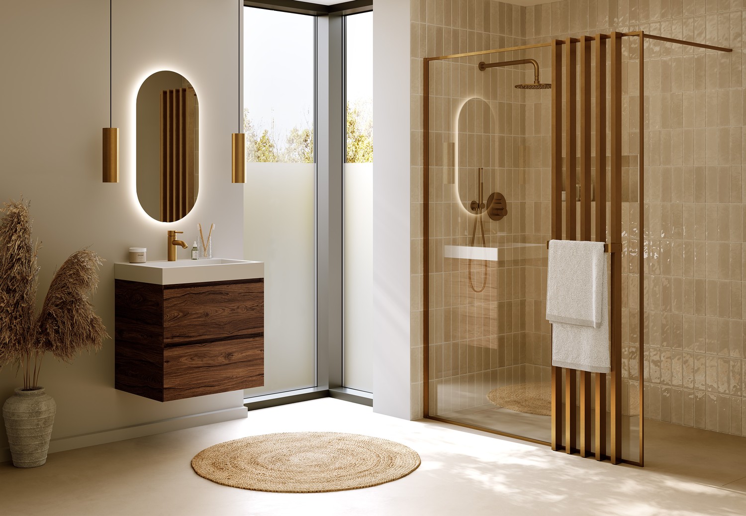 Japandi łazienka z walk-in i drewnianą szafką, fot. Riho