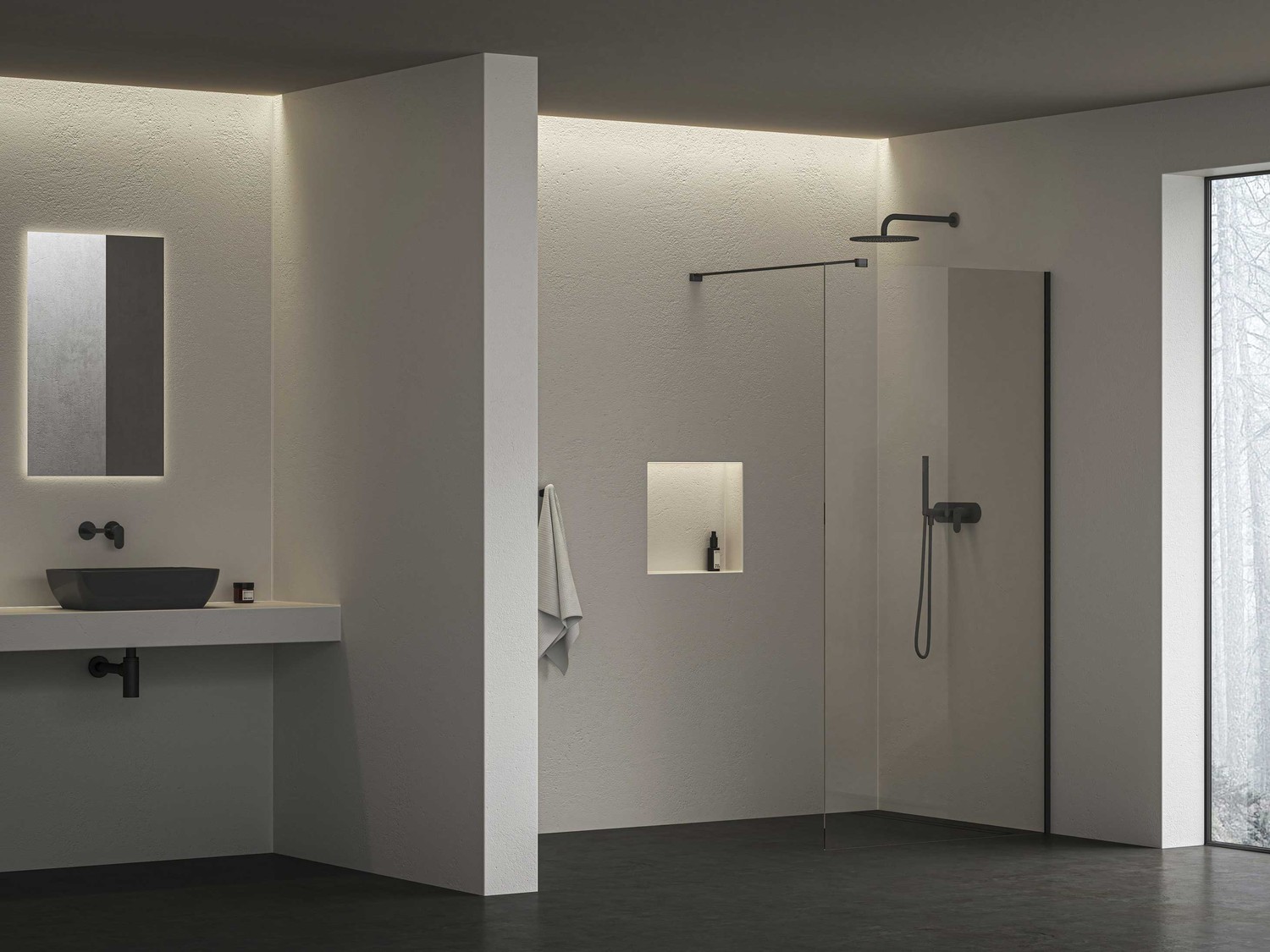 Minimalistyczna łazienka z czarnym walk-in, fot. Ravak