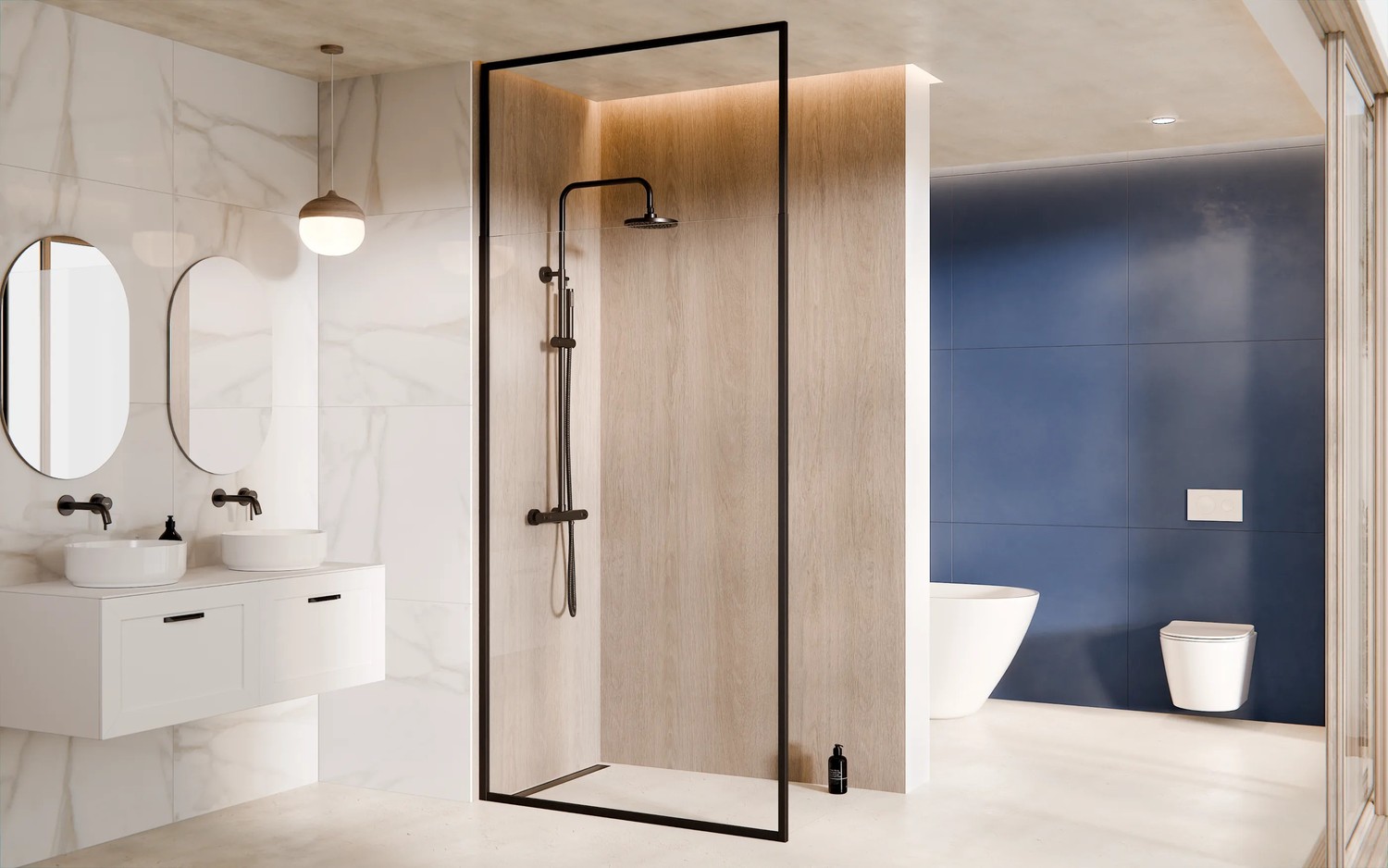 Minimalistyczna łazienka z walk-in i niebieską ścianą, fot. Besco