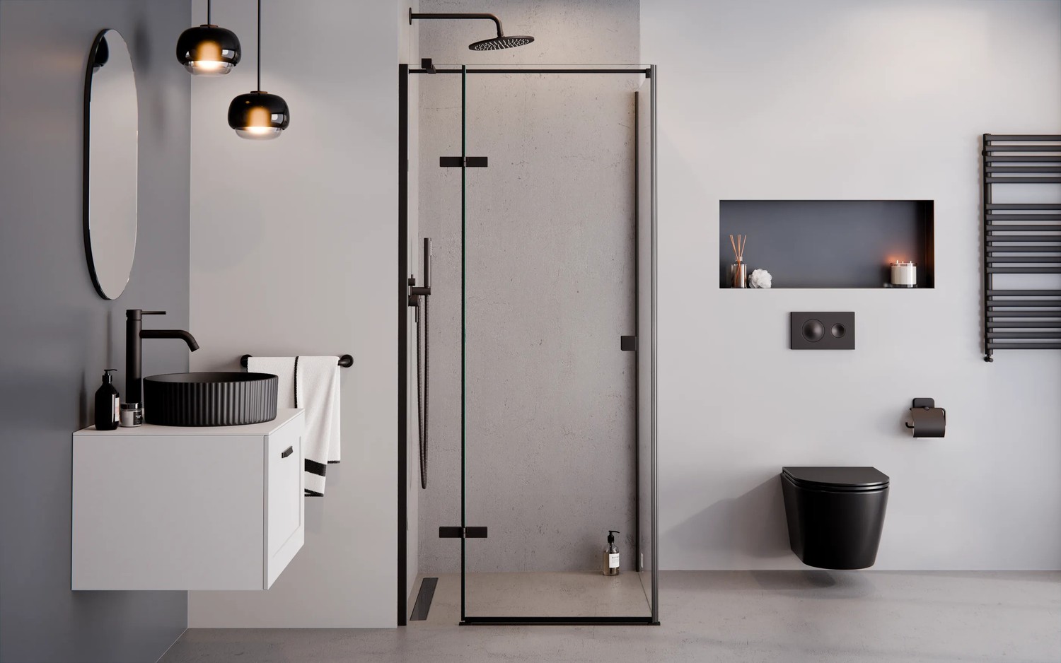 Minimalistyczna łazienka z czarnym walk-in, fot. Besco