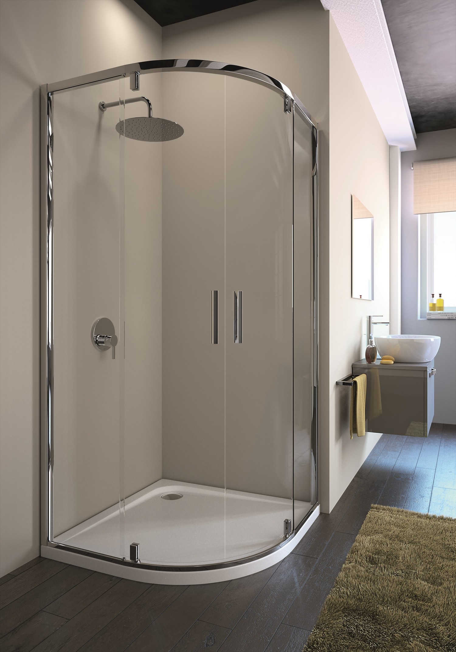 Półokrągła kabina prysznicowa w minimalistycznej łazience, fot. Ideal Standard