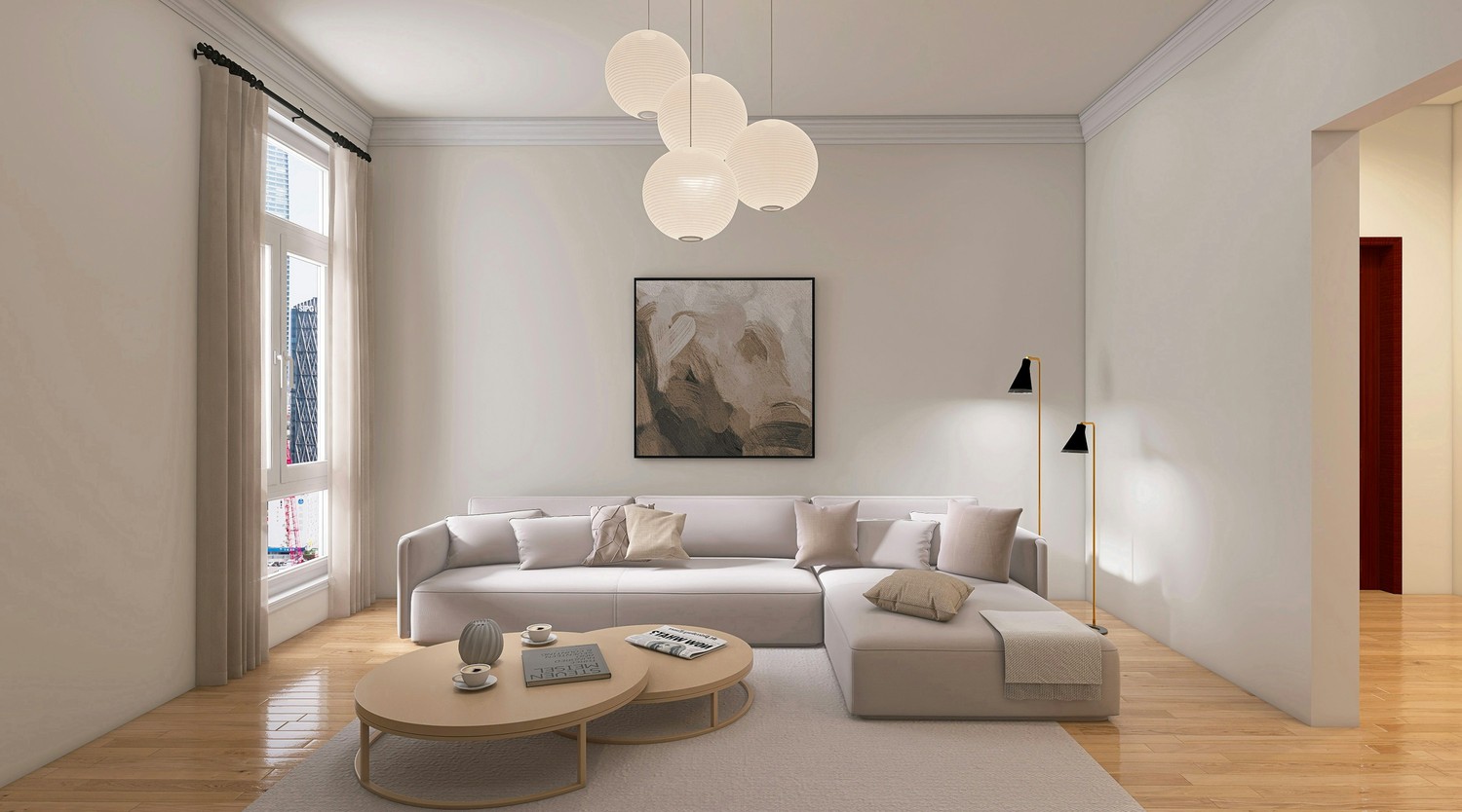 Minimalistyczny salon z jasnym narożnikiem i drewnem fot. Unsplash