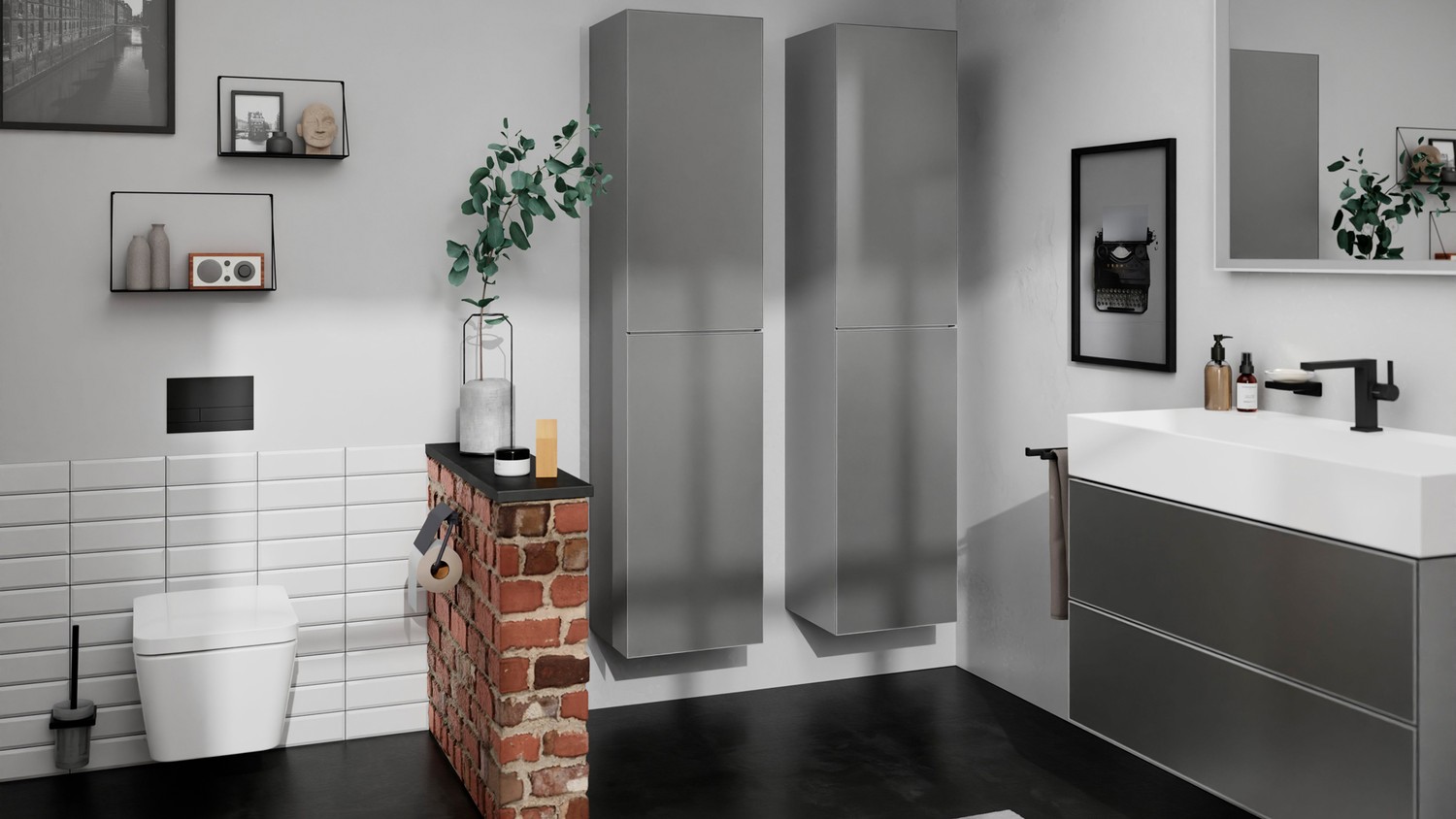 Industrialna łazienka z czarną armaturą i cegłą. fot. Hansgrohe