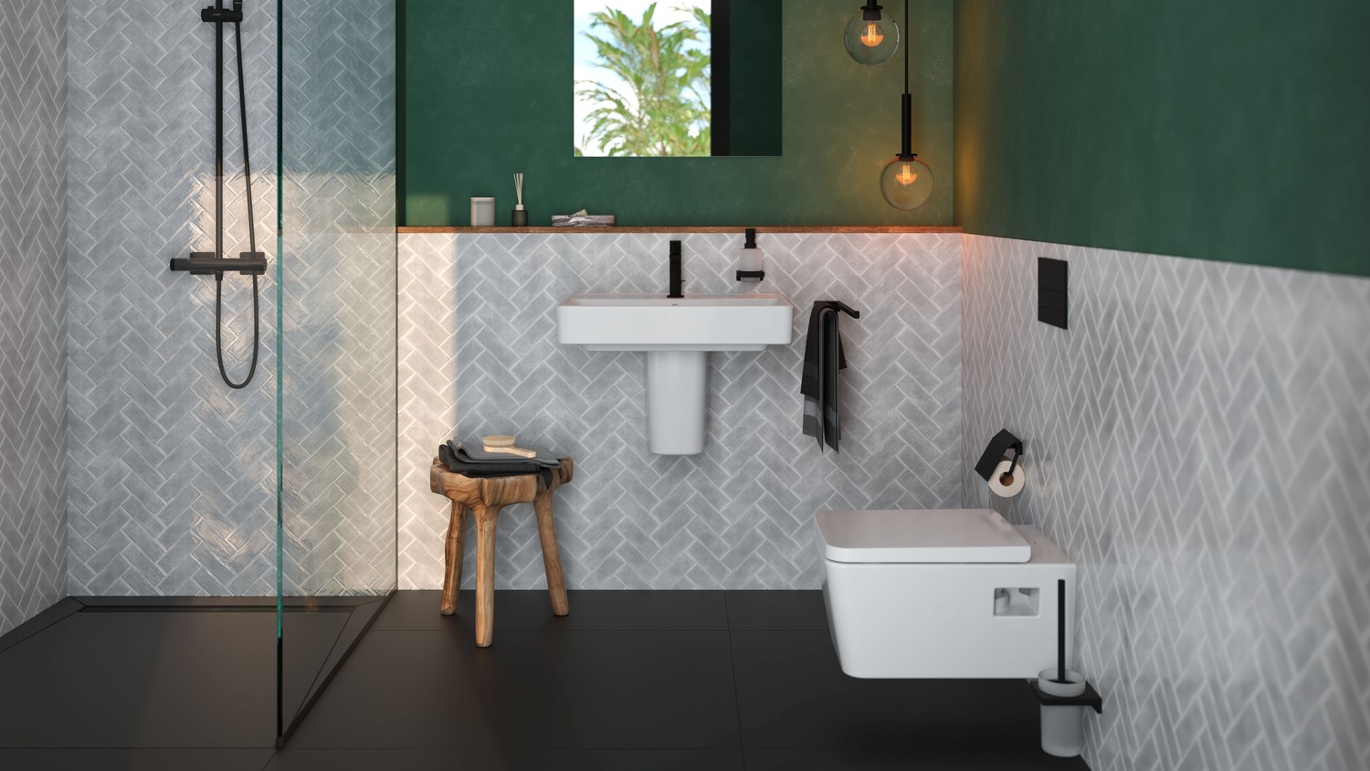 Zielona łazienka japandi z czarnym prysznicem fot. Hansgrohe