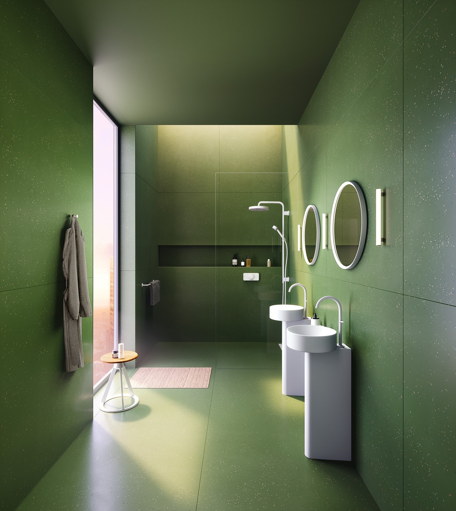 Zielona minimalistyczna łazienka z walk-in i umywalką, fot. Axor