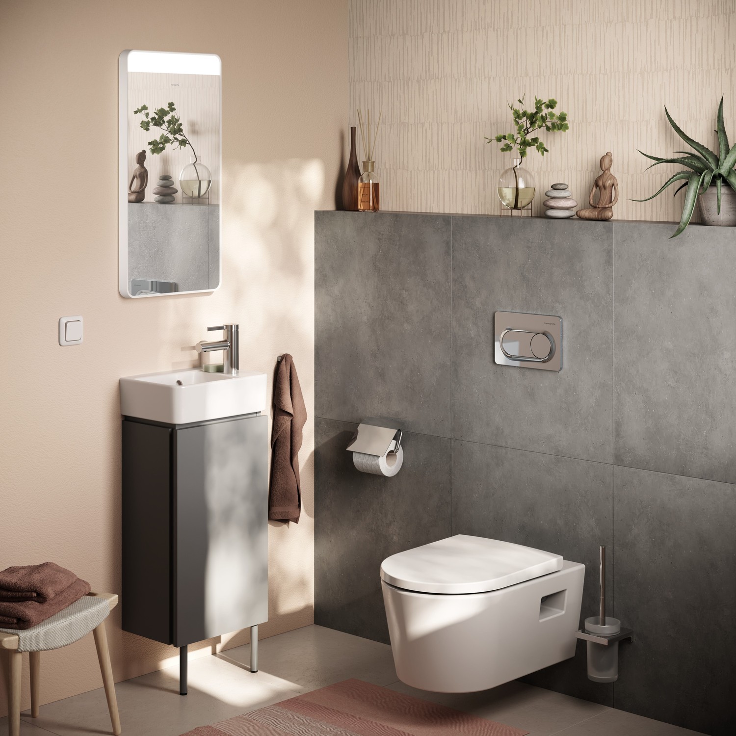 Japandi łazienka z wiszącym WC i umywalką fot. Hansgrohe