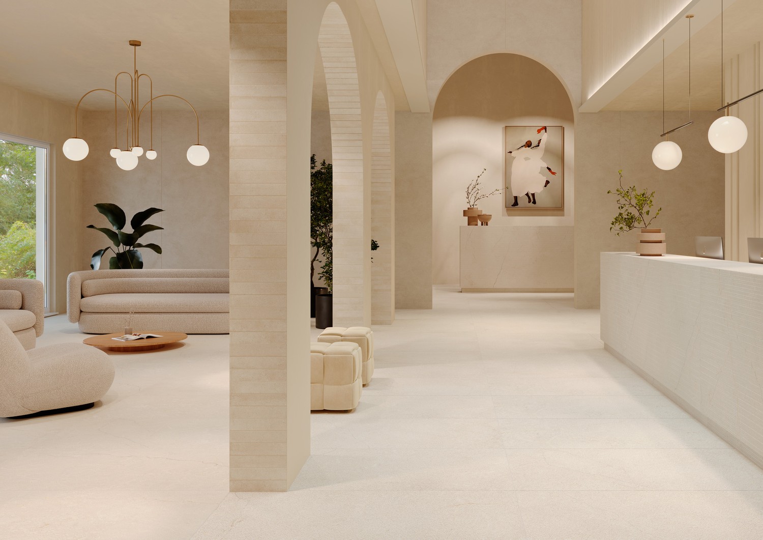Minimalistyczny salon z beżowym kamieniem i łukiem. fot. Marazzi