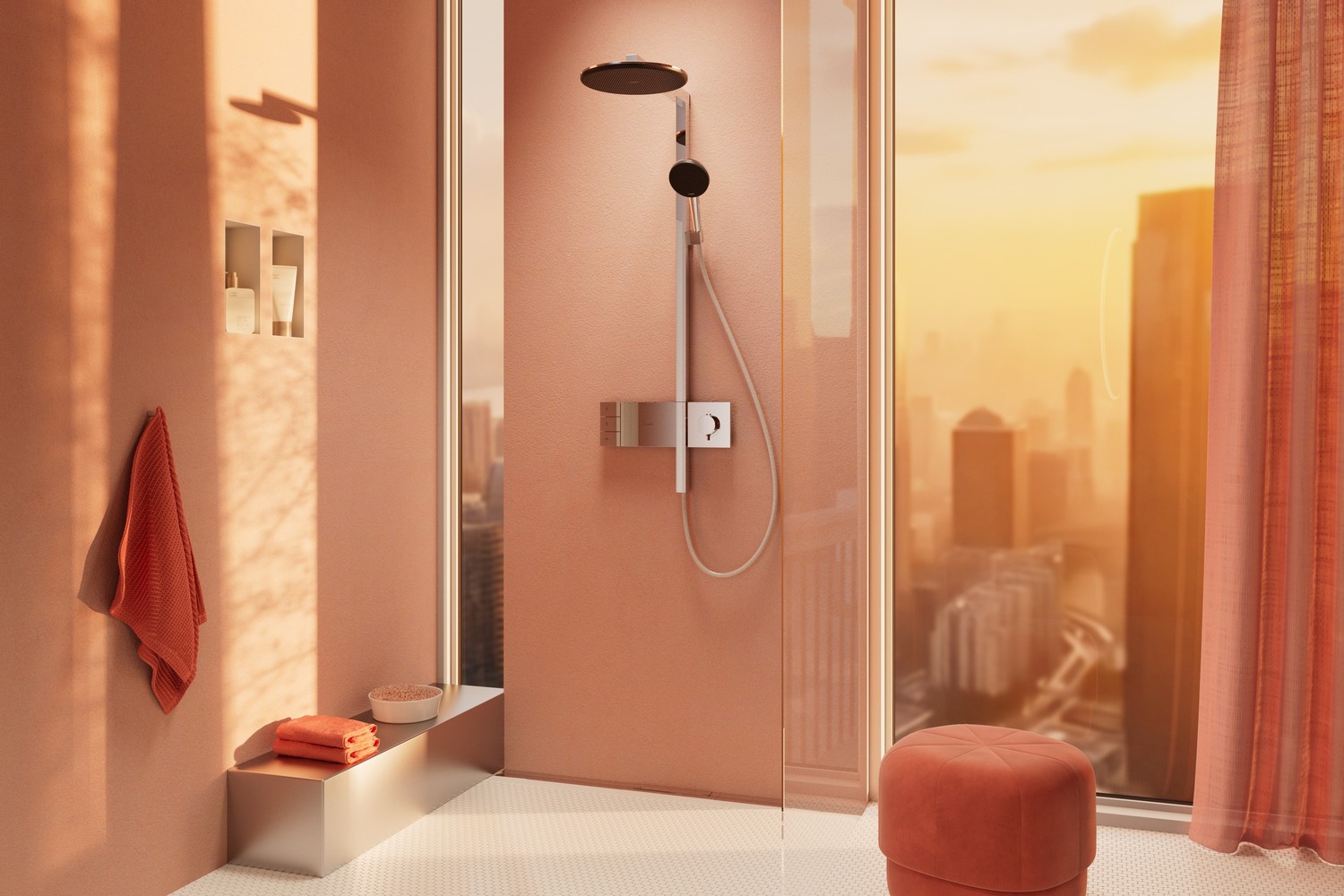 Różowy prysznic walk-in przy oknie fot. Hansgrohe