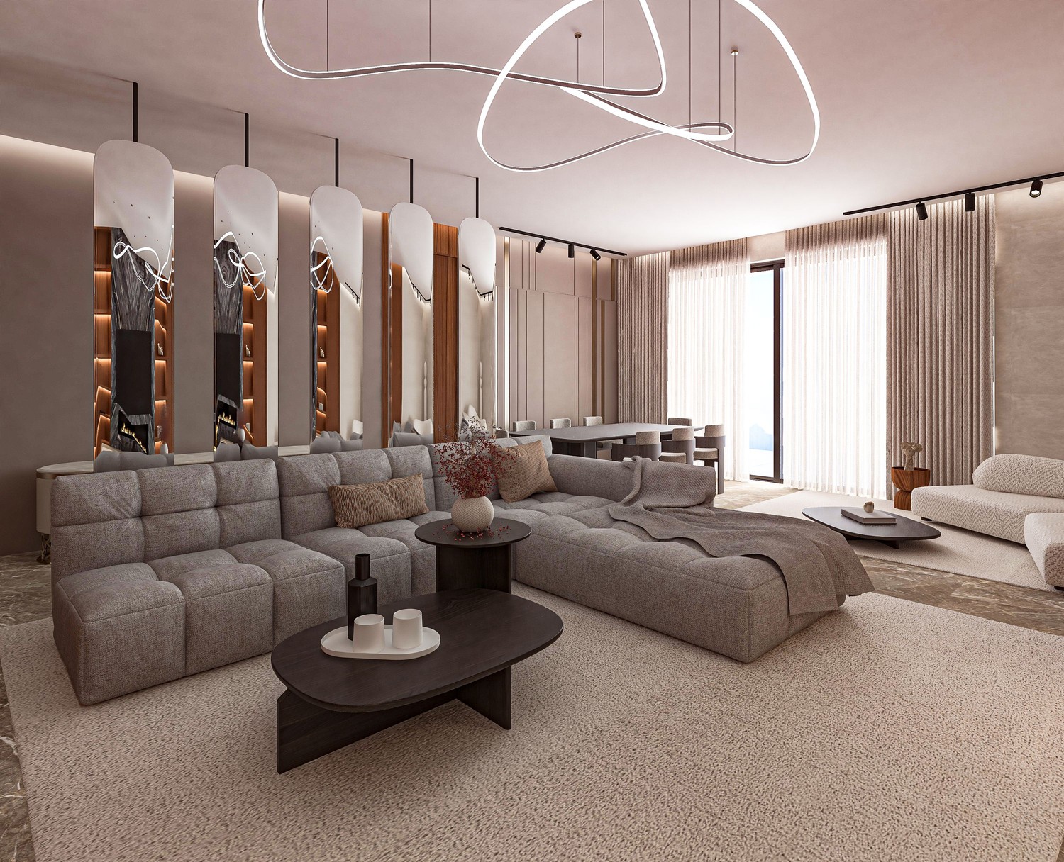 Elegancki salon z jadalnią i kominkiem fot. Pexels