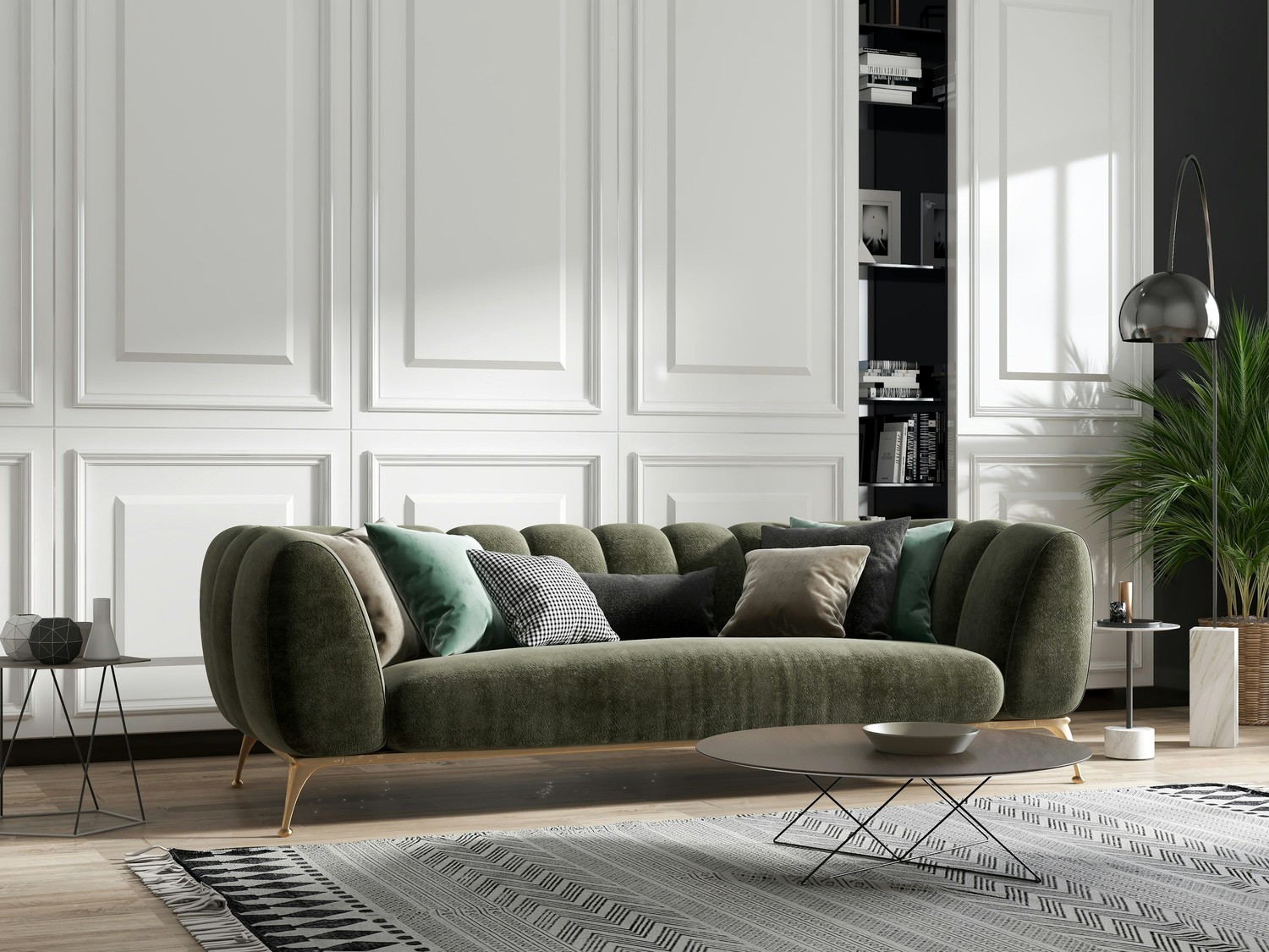 Salon modern classic z zieloną sofą fot. Unsplash