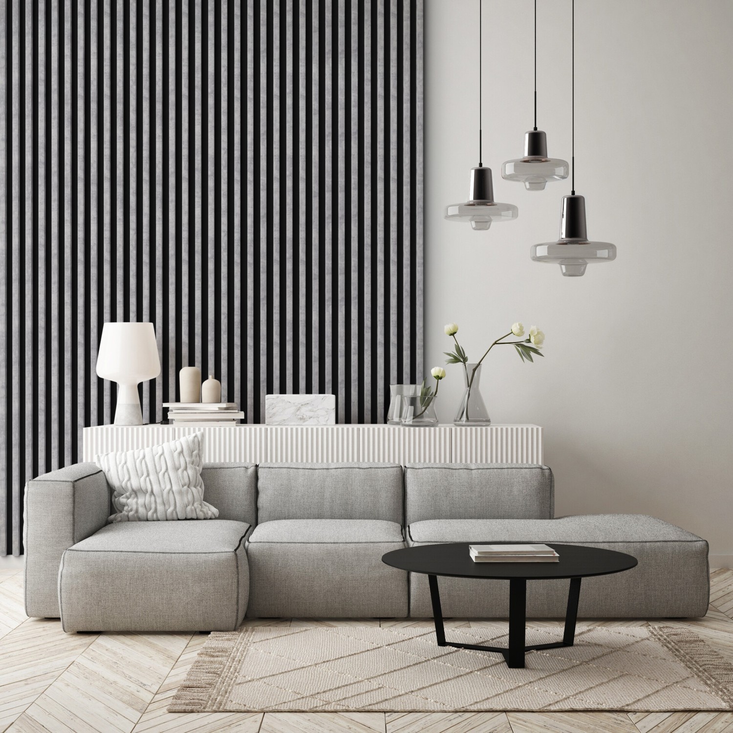 Minimalistyczny salon z szarym narożnikiem i lamelą. fot. Stegu