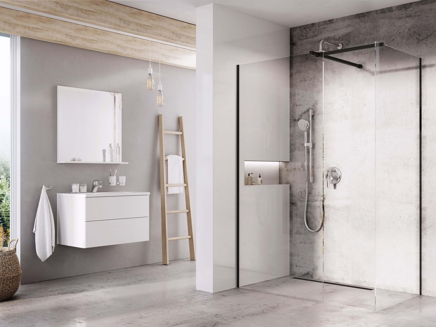 Minimalistyczna łazienka walk-in z betonem, fot. Ravak