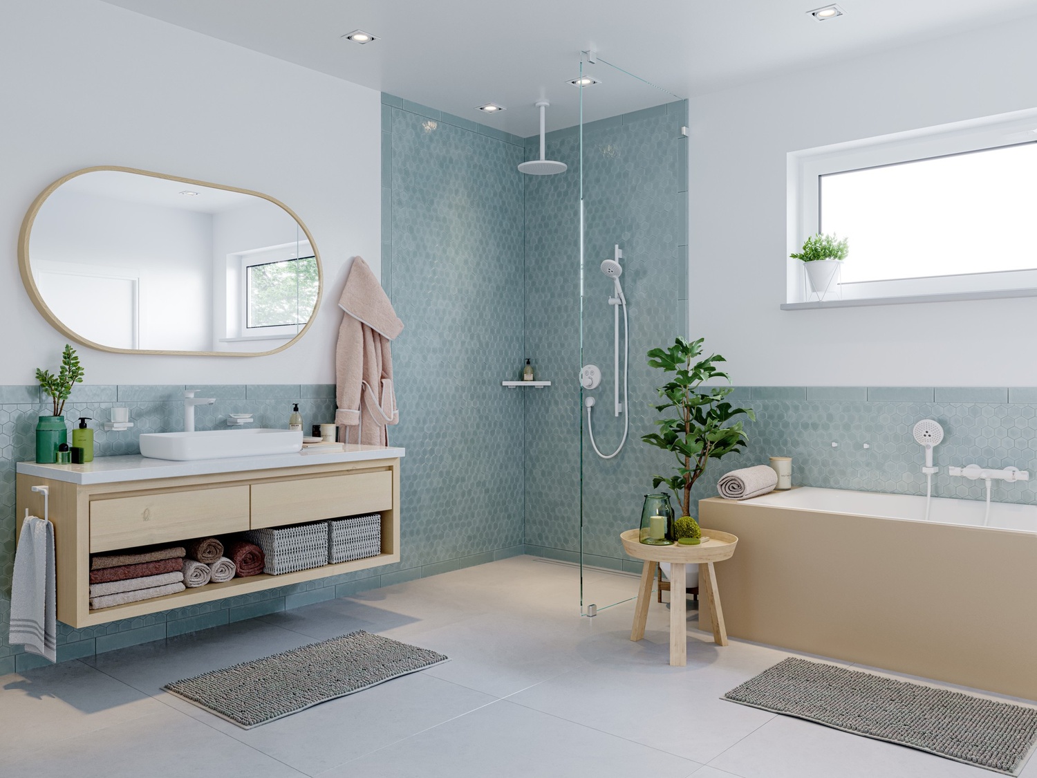 Jasna łazienka z wanną i prysznicem walk-in fot. Hansgrohe