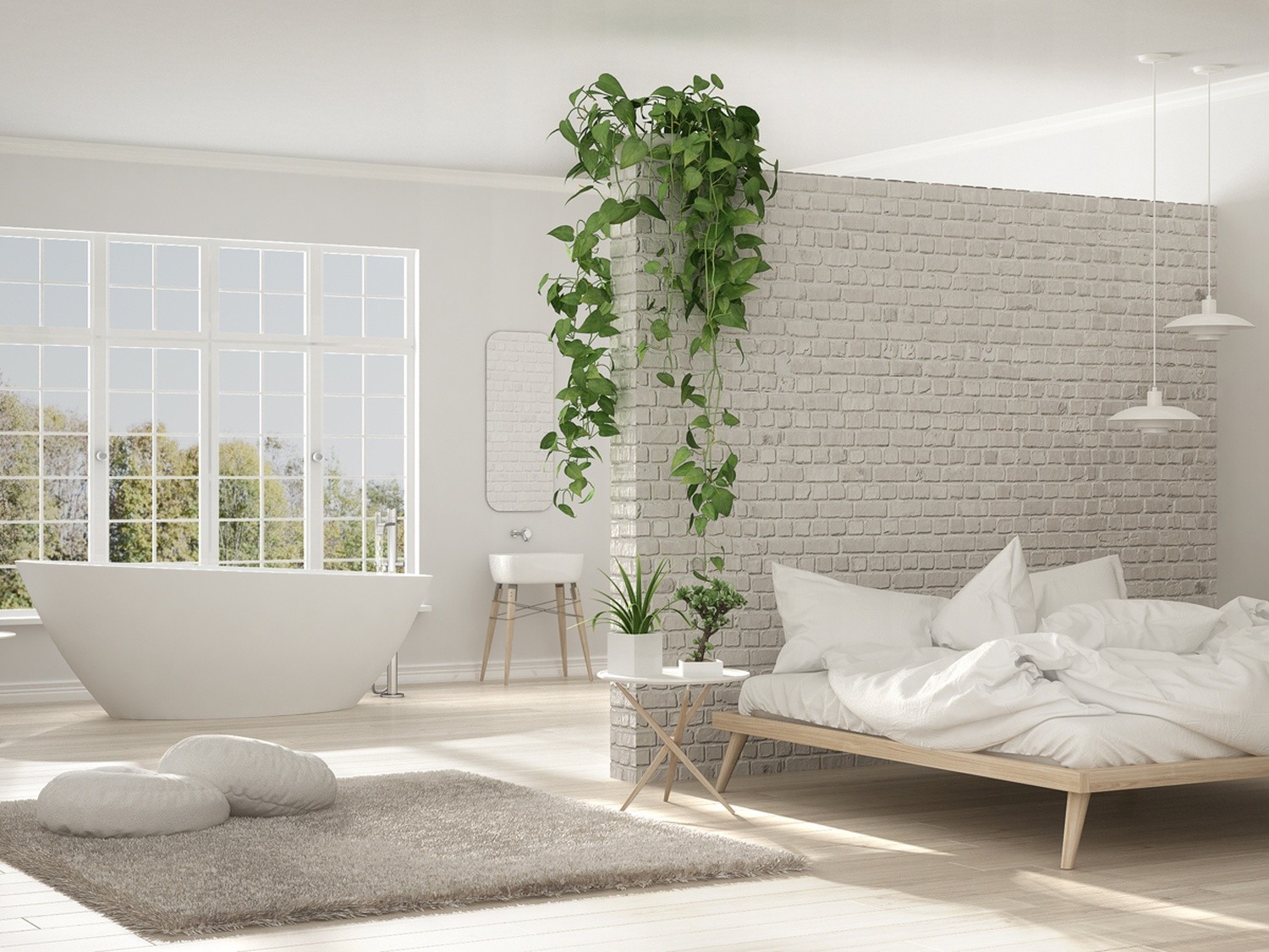 Skandynawska sypialnia z wanną i rośliną fot. Hansgrohe