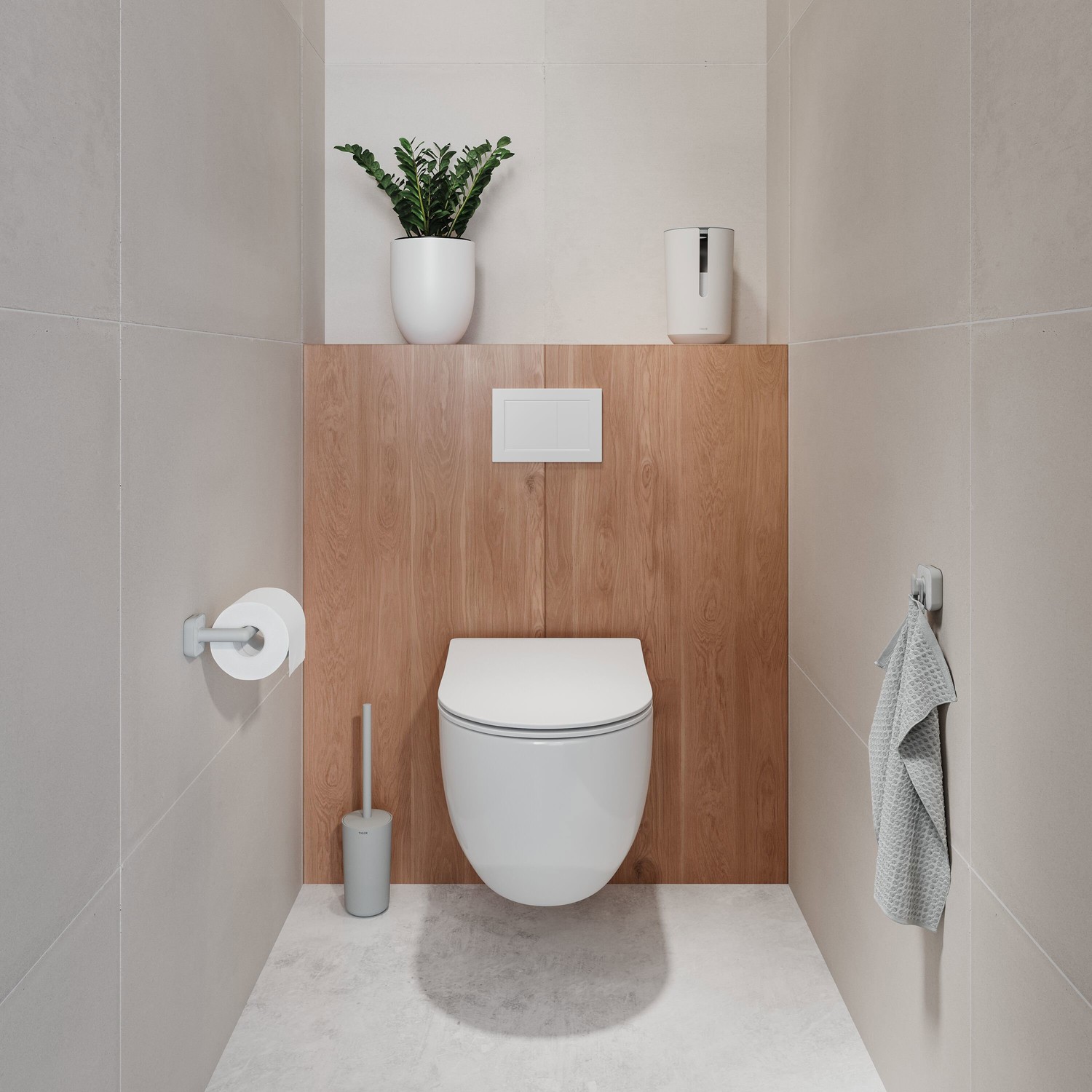Minimalistyczna łazienka z wiszącym WC i drewnem. fot. Tiger