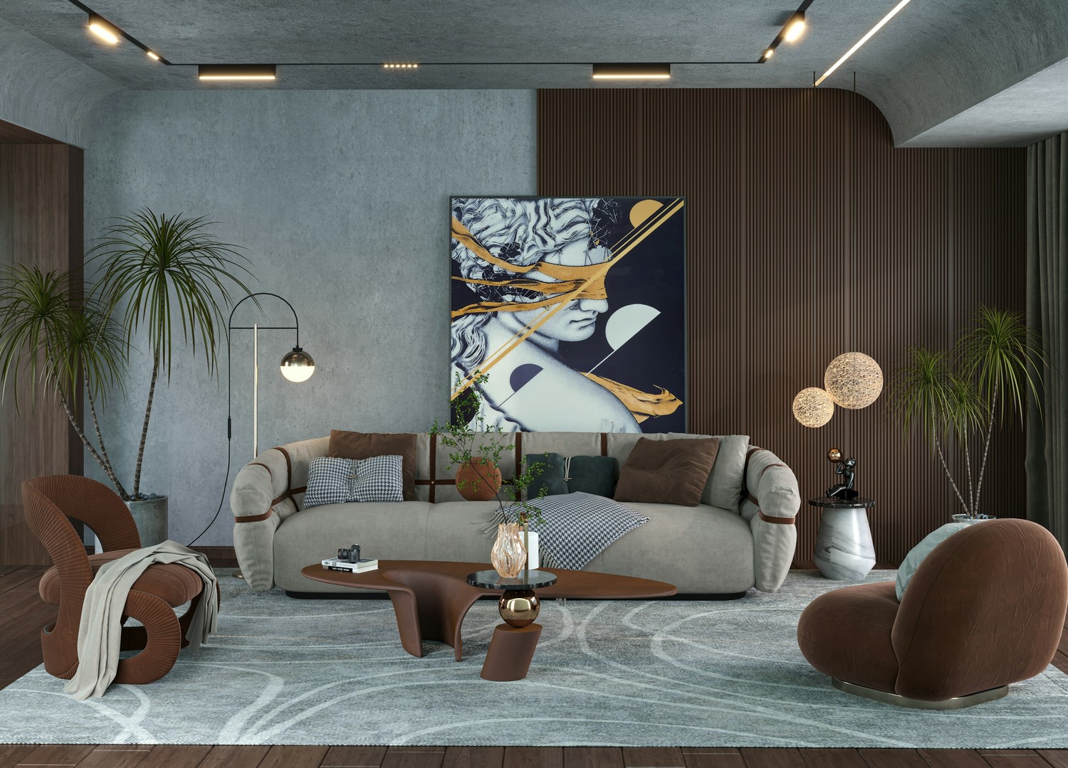 Nowoczesny salon organic z betonem i drewnem fot. Unsplash