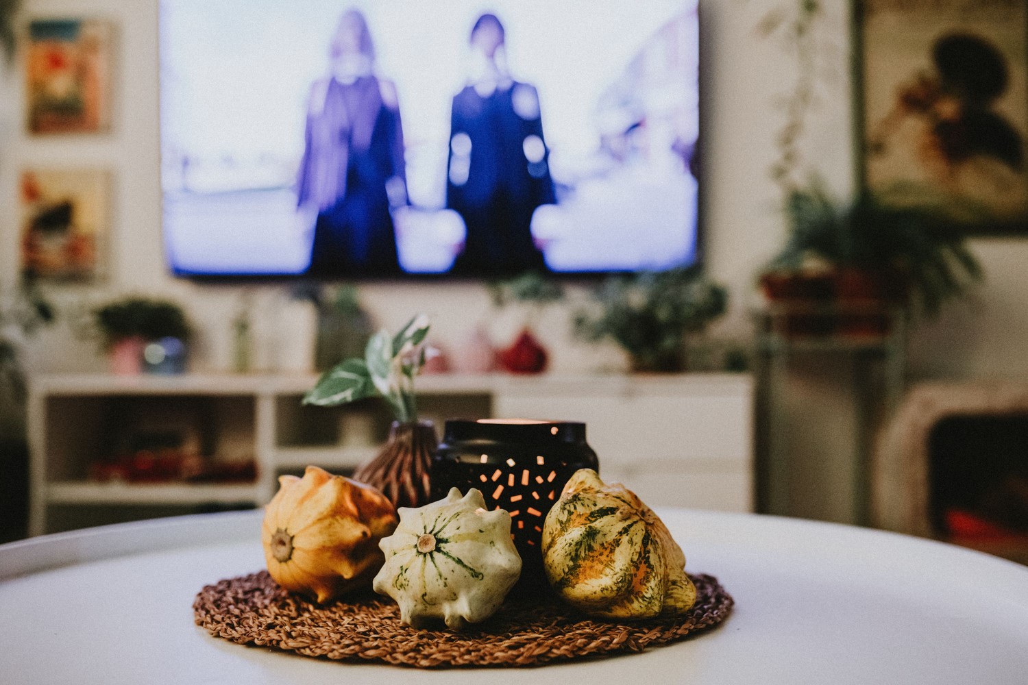 Boho salon z rośliną i świecą fot. Pexels