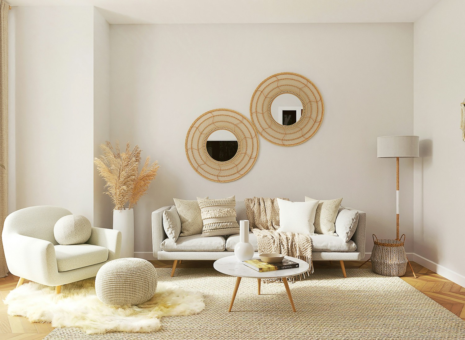 Jasny salon boho z rattanowym lustrem fot. Unsplash