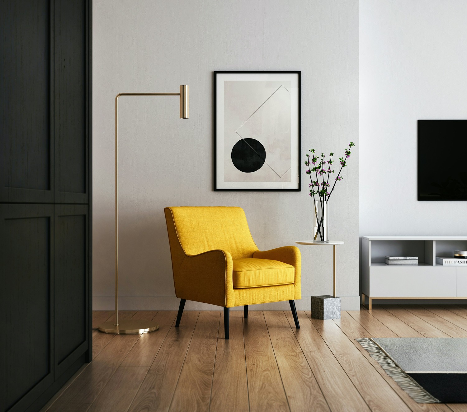 Minimalistyczny salon z żółtym fotelem fot. Unsplash