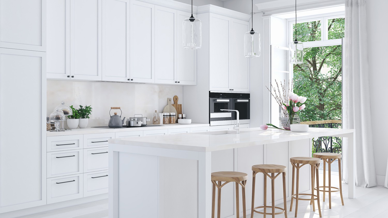 Jasna kuchnia klasyczna z wyspą i oknem fot. Hansgrohe