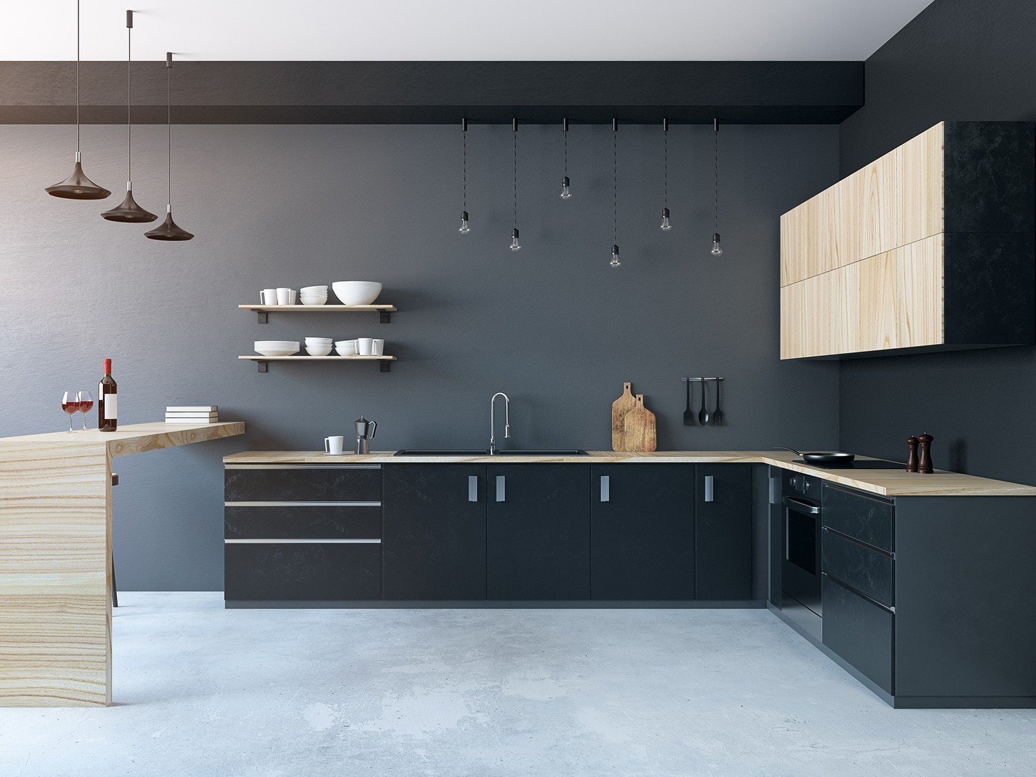 Industrialna kuchnia z czarną zabudową i drewnem fot. Hansgrohe