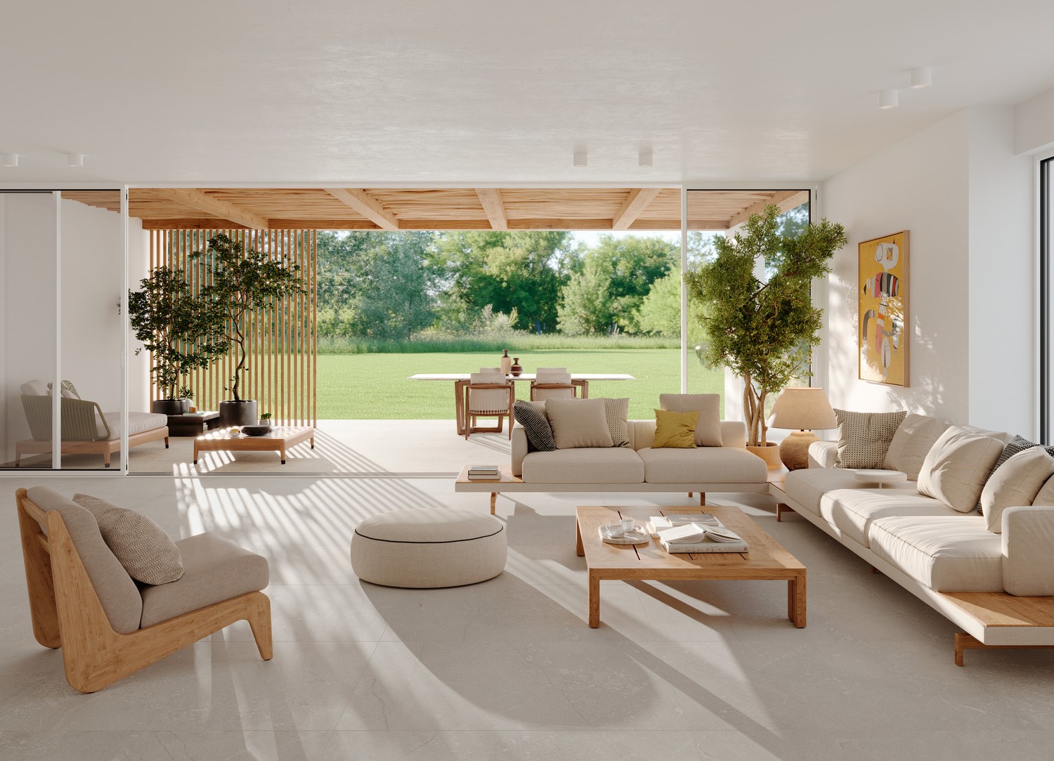 Minimalistyczny salon organic z drewnem i zielenią. fot. Marazzi