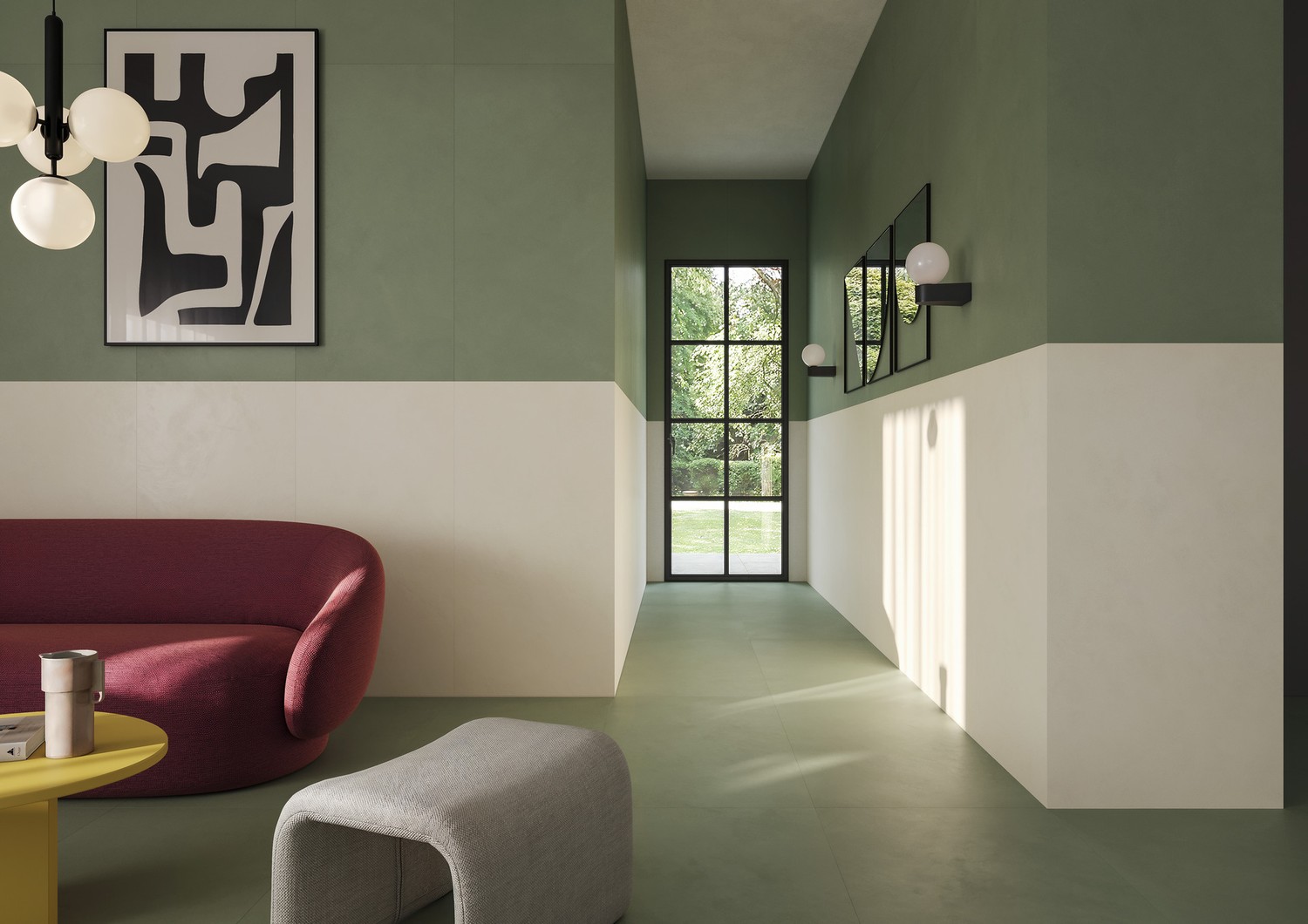 Minimalistyczny salon w zieleni z bordową sofą. fot. Marazzi