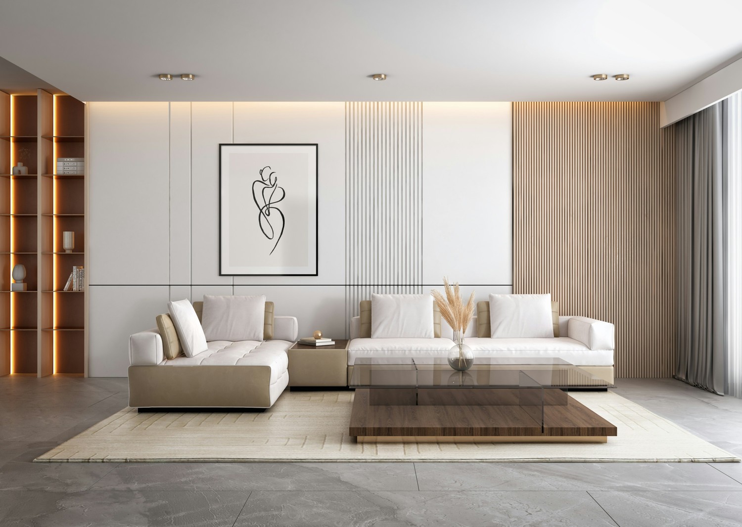 Minimalistyczny salon quiet luxury z lamelą fot. Unsplash