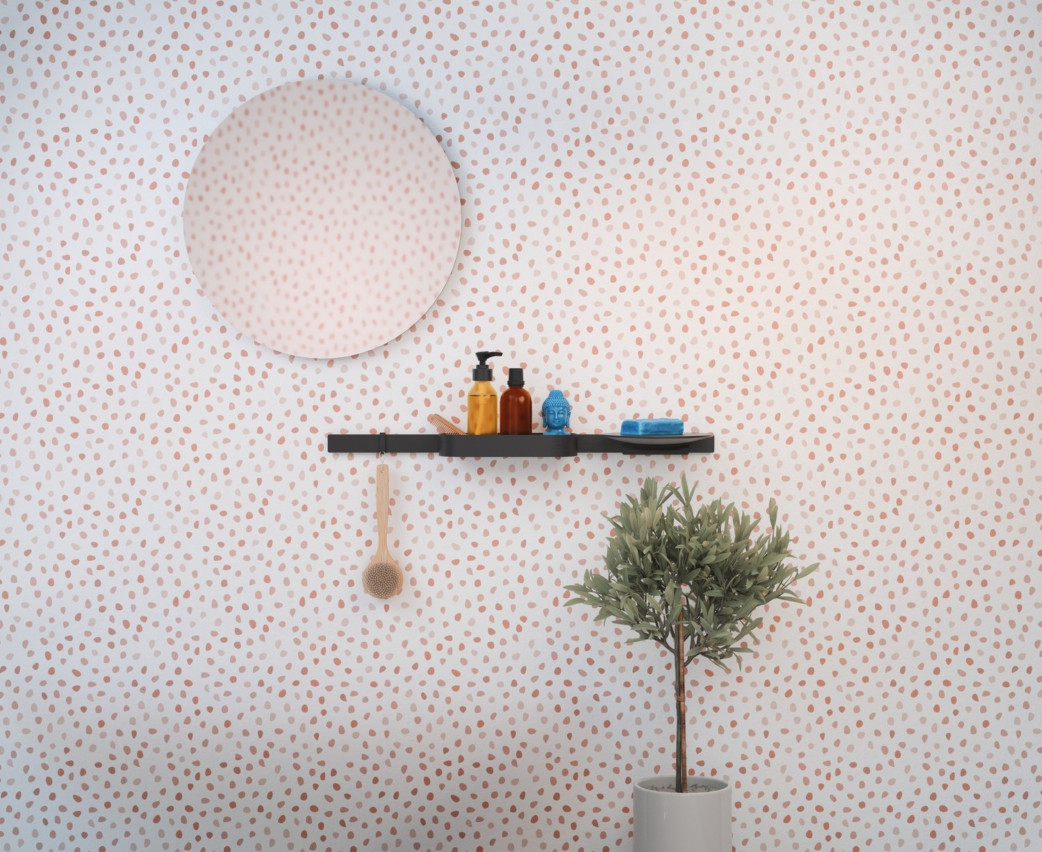 Różowa łazienka boho z okrągłym lustrem fot. Axor