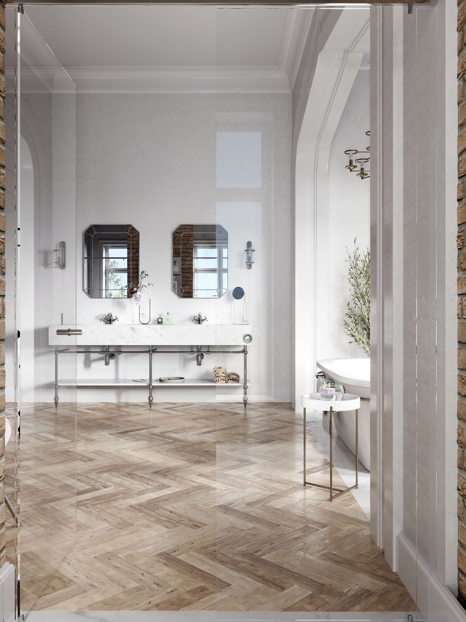 Klasyczny pokój kąpielowy z dwiema umywalkami i wanną. fot. Fdesign