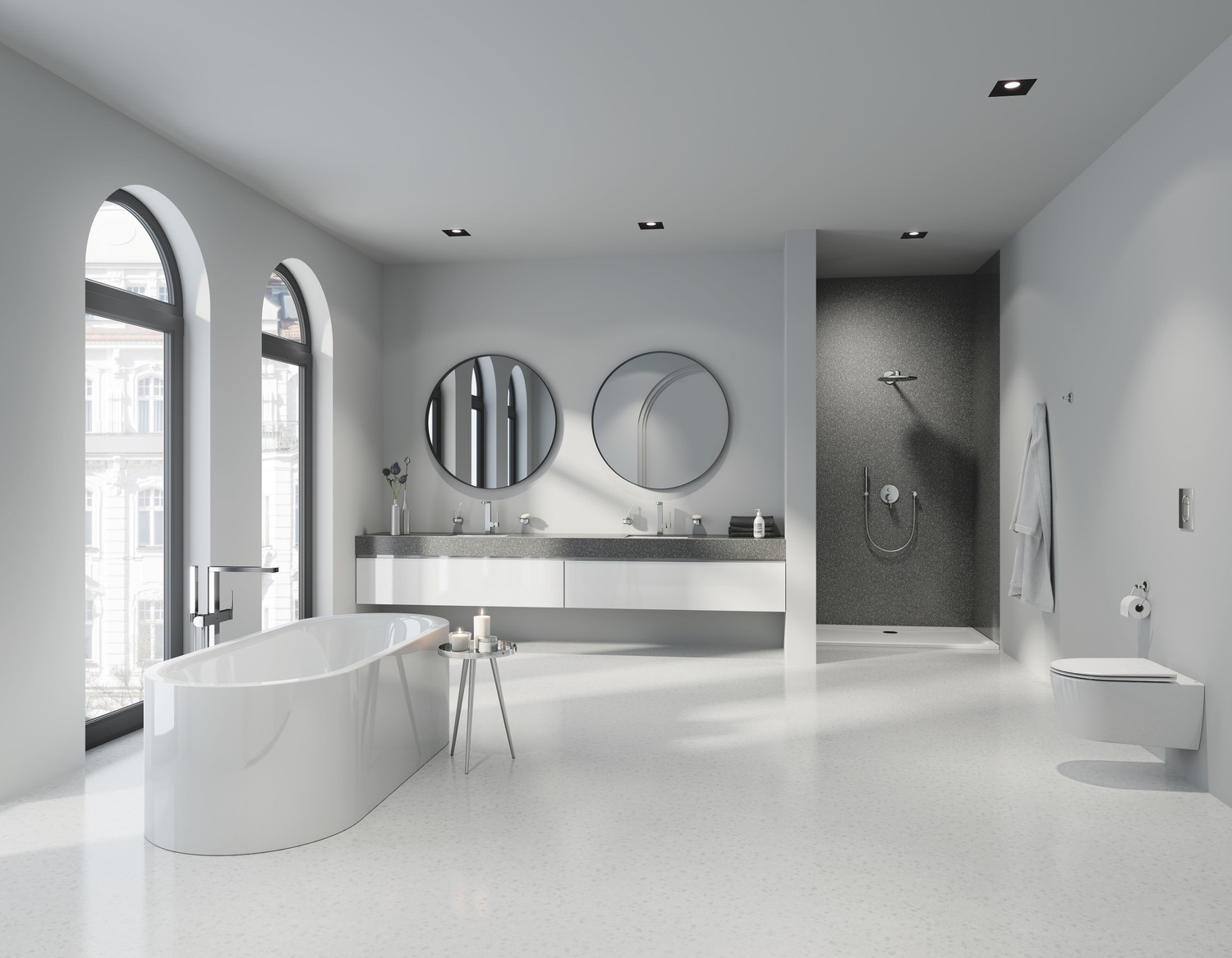 Minimalistyczna łazienka z wanną i prysznicem fot. Grohe