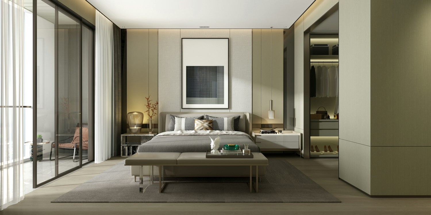 Beżowa sypialnia quiet luxury z tapicerowanym łóżkiem fot. Unsplash