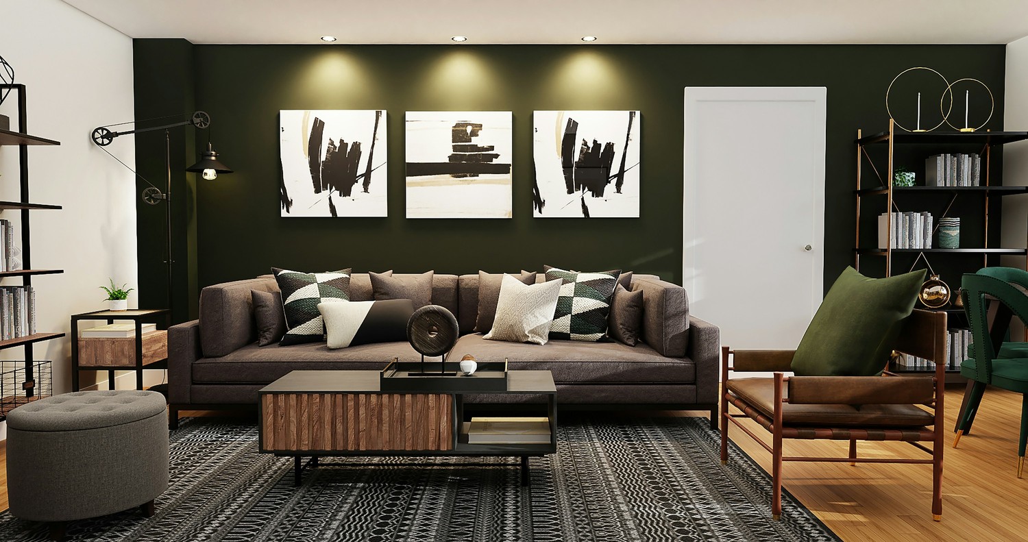Industrialny salon z zieloną ścianą i grafiką fot. Unsplash