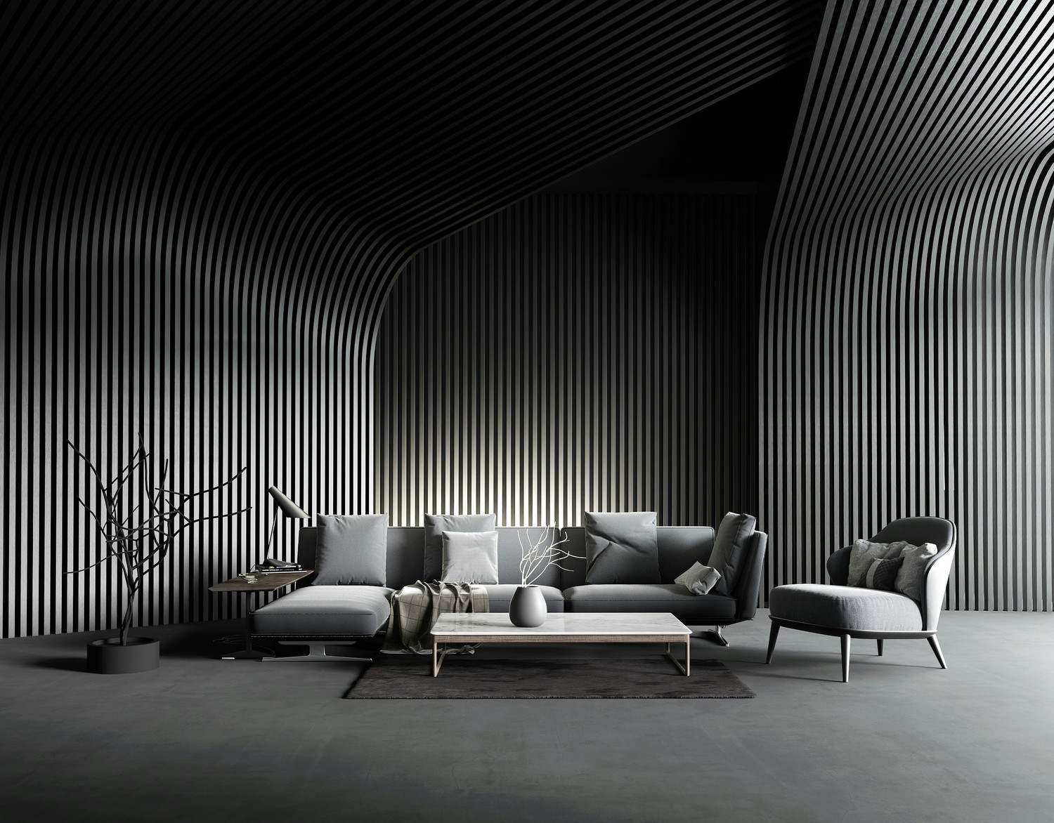 Minimalistyczny salon z narożnikiem i lamelą fot. Unsplash