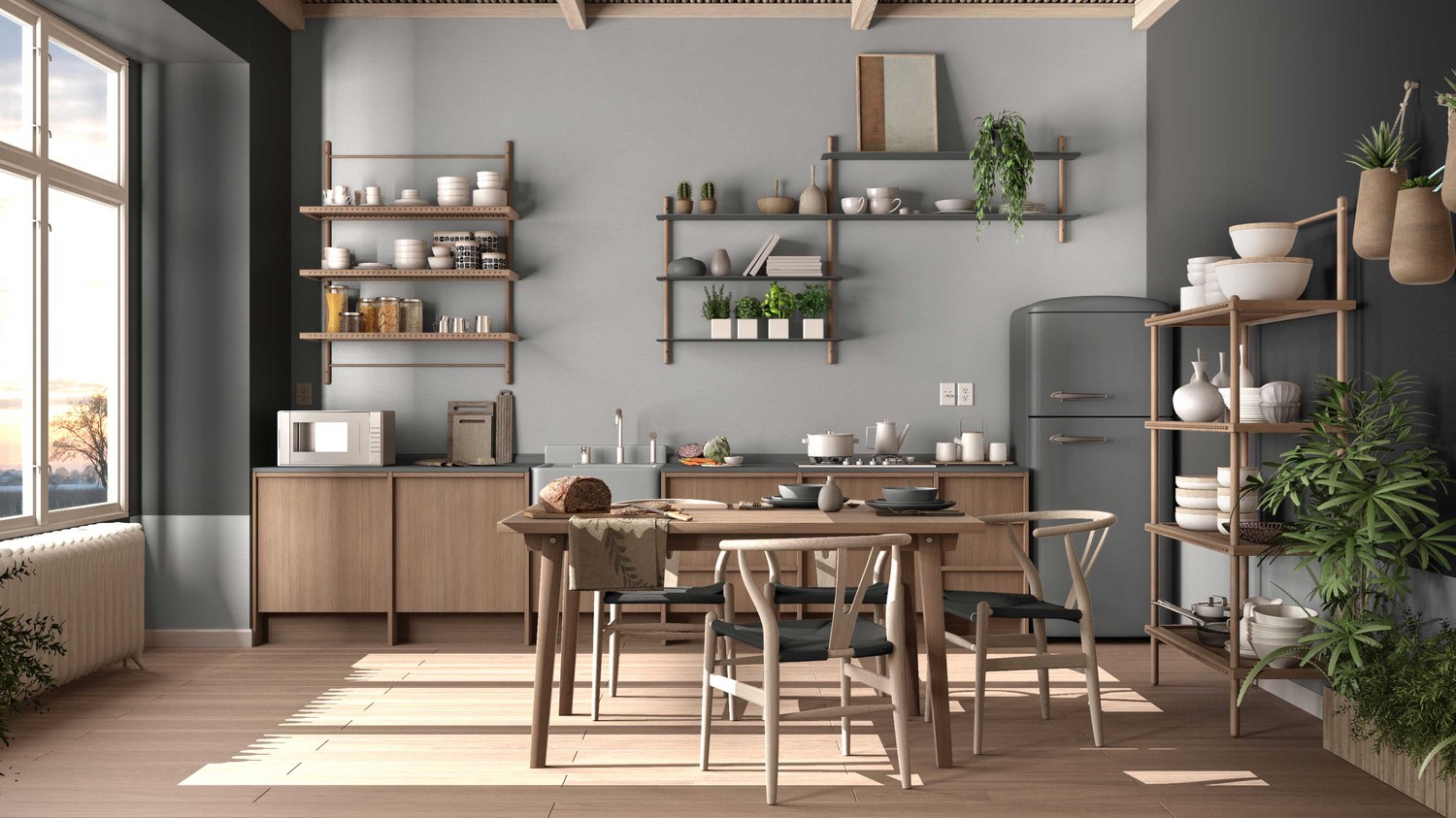 Kuchnia japandi z drewnem i otwartą półką fot. Hansgrohe