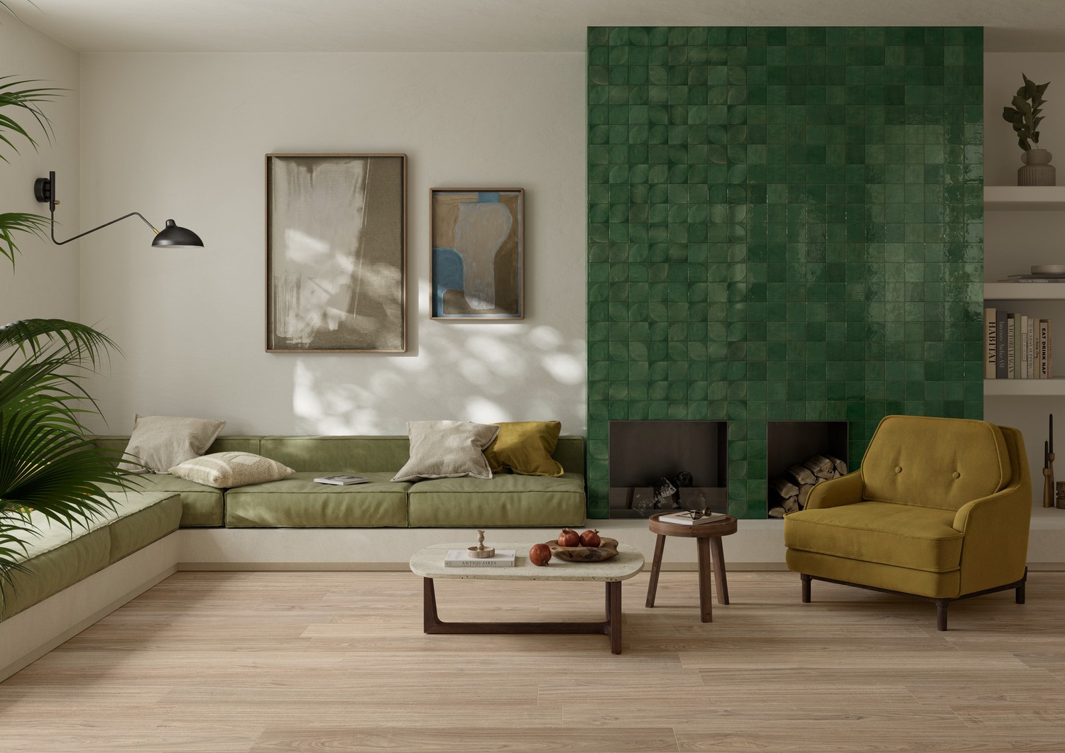 Salon Mid-Century z zieloną płytką i kominkiem fot. Marazzi