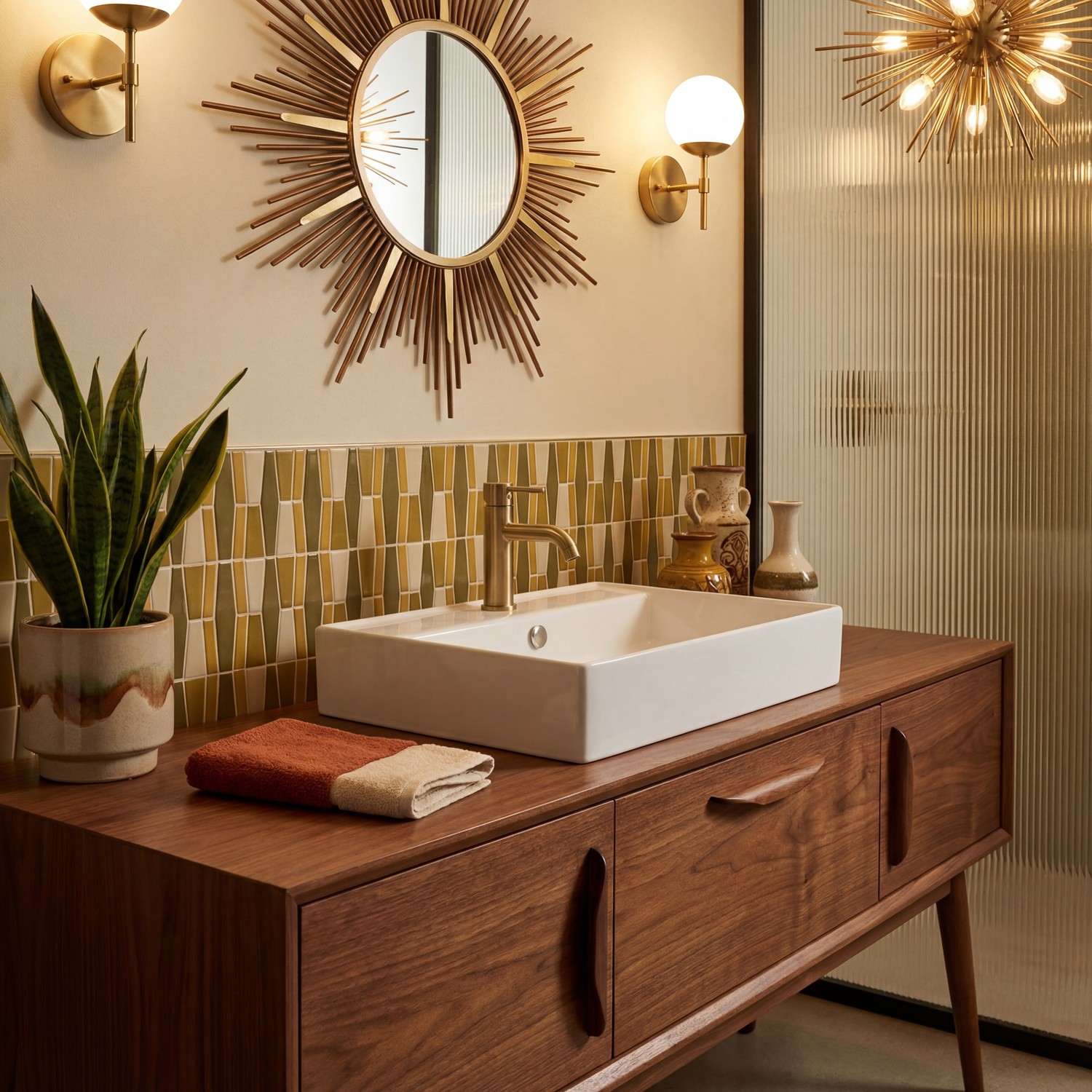 Umywalka nablatowa na drewnianej szafce w stylu mid-century modern fot. Legersen