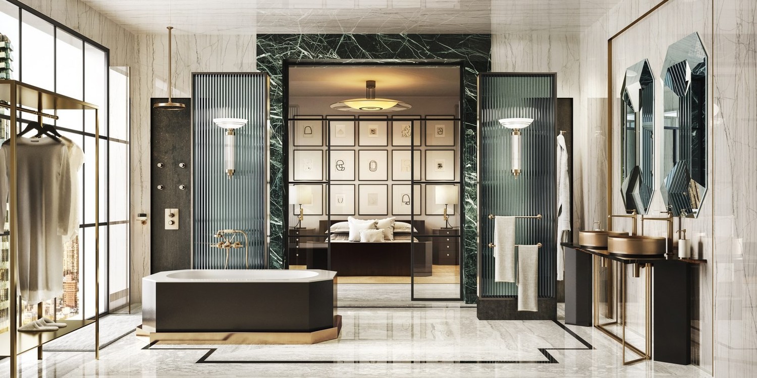 Luksusowa łazienka Art Deco z wanną, fot. Gessi