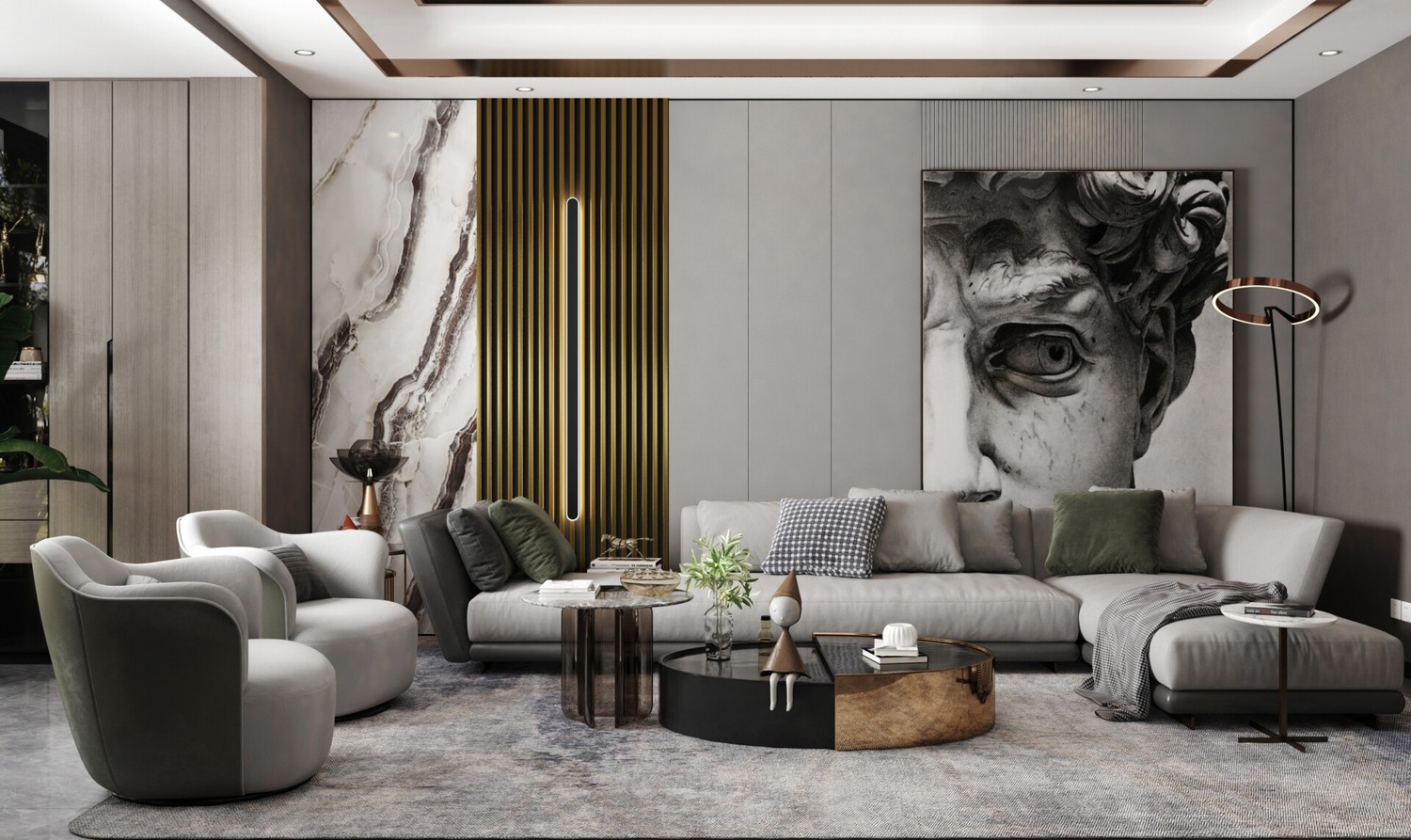 Elegancki salon z narożnikiem, marmurem i lamelą. fot. Stegu