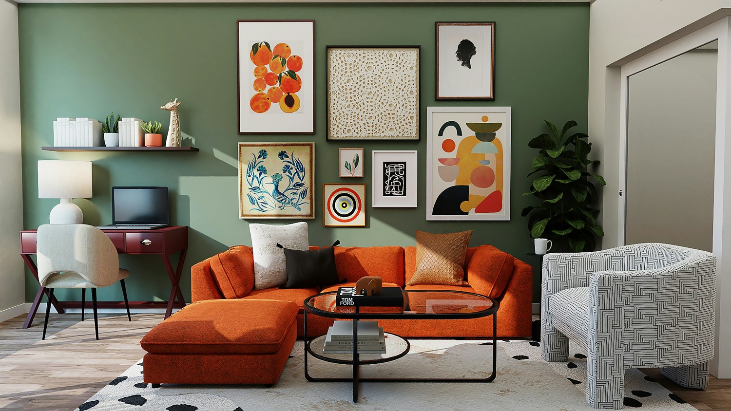 Eklektyczny salon z pomarańczową sofą i galerią fot. Unsplash
