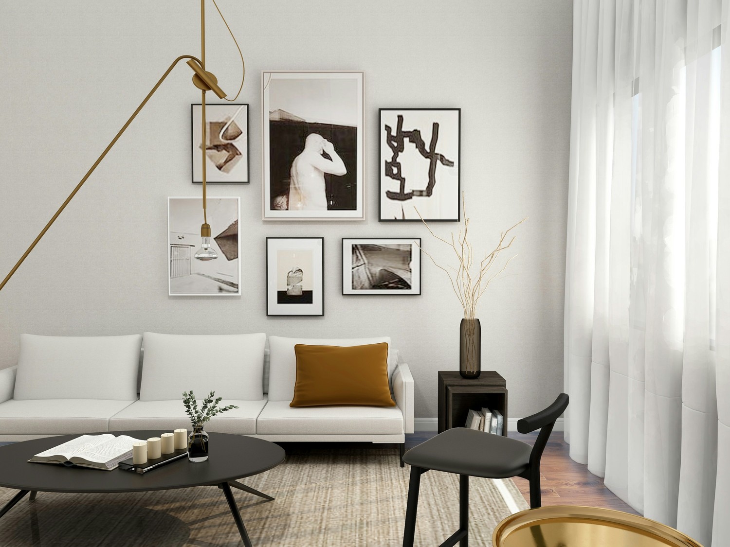 Minimalistyczny salon z galerią ścienną i lampą fot. Unsplash