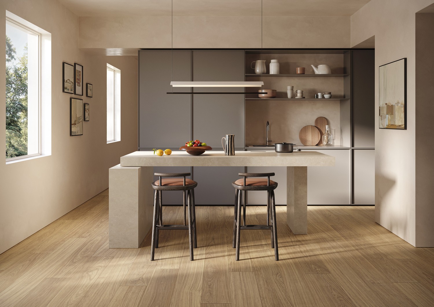 Minimalistyczna kuchnia japandi z wyspą i drewnem fot. Marazzi