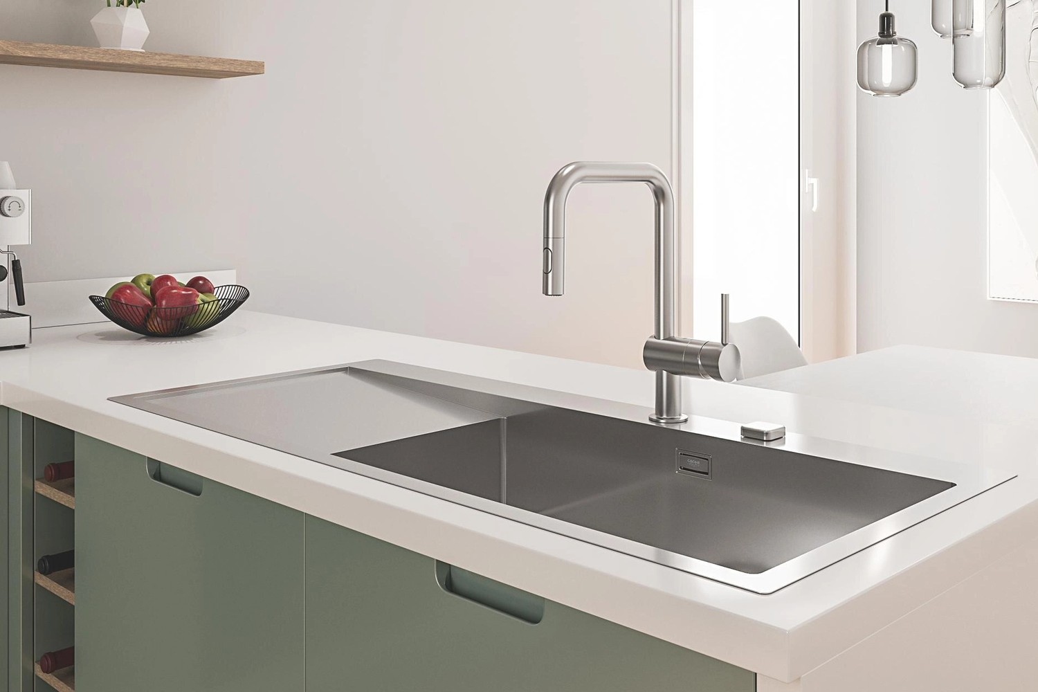 Minimalistyczna kuchnia z zieloną zabudową fot. Grohe