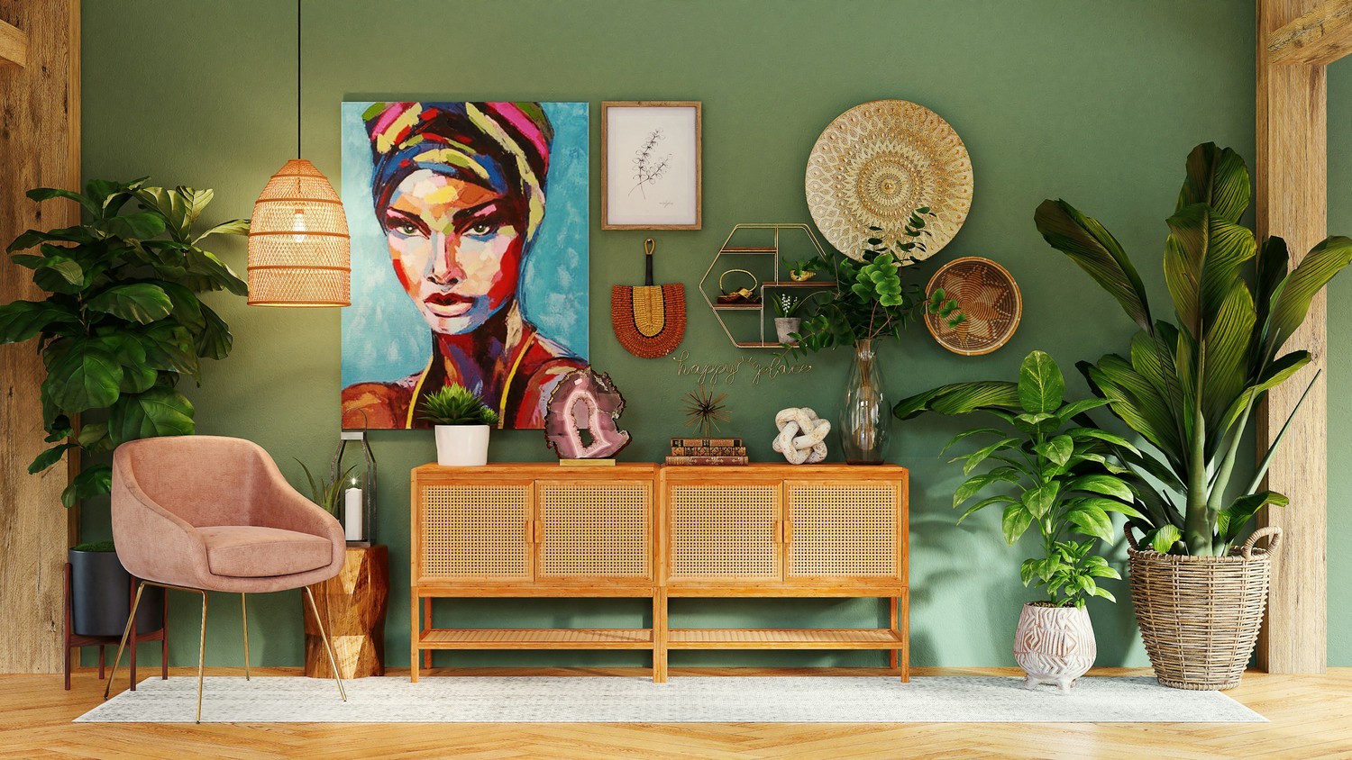 Boho salon urban jungle z rattanem i zielenią fot. Unsplash